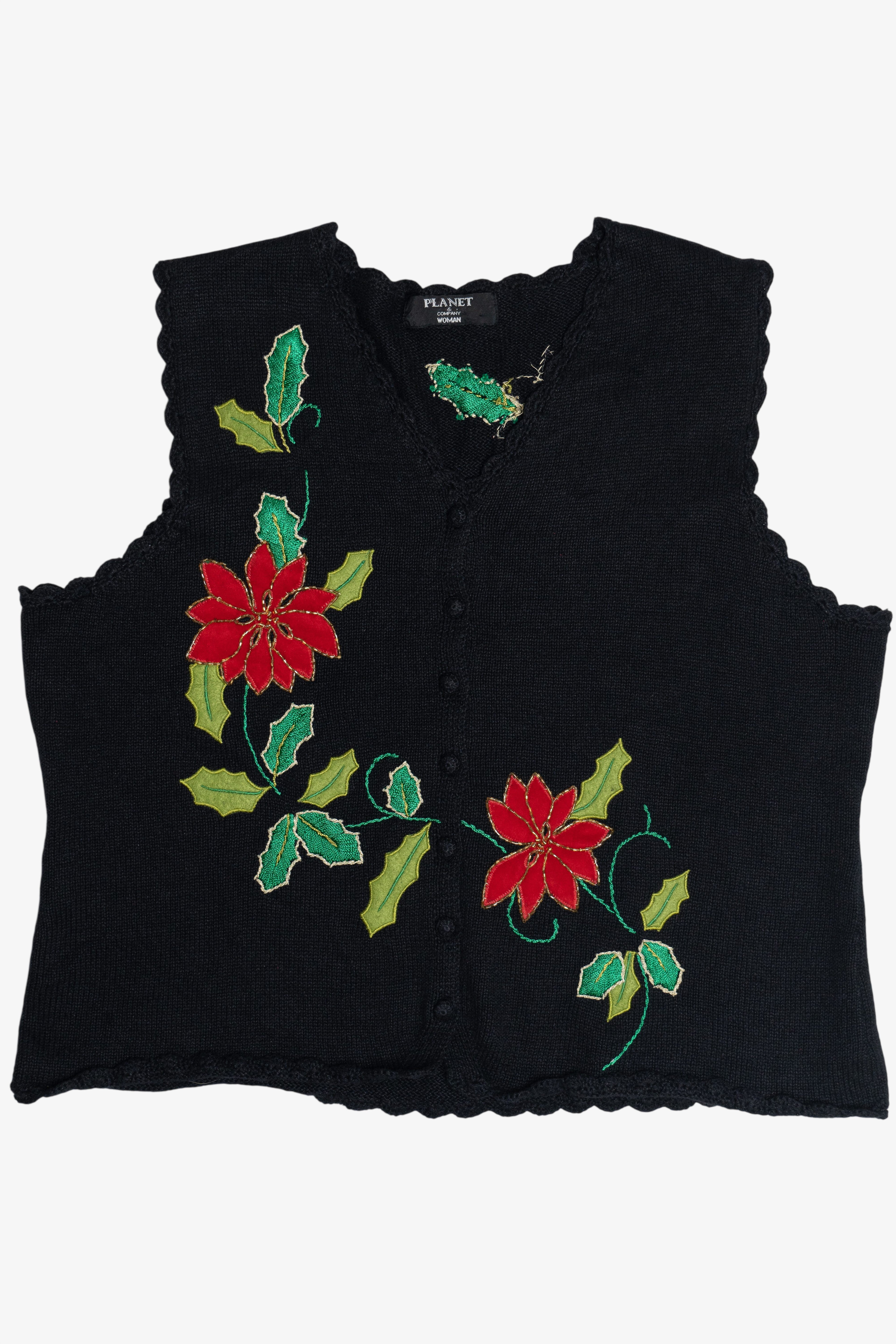 Vintage Black Poinsettia Ugly Christmas Vest (1990s)