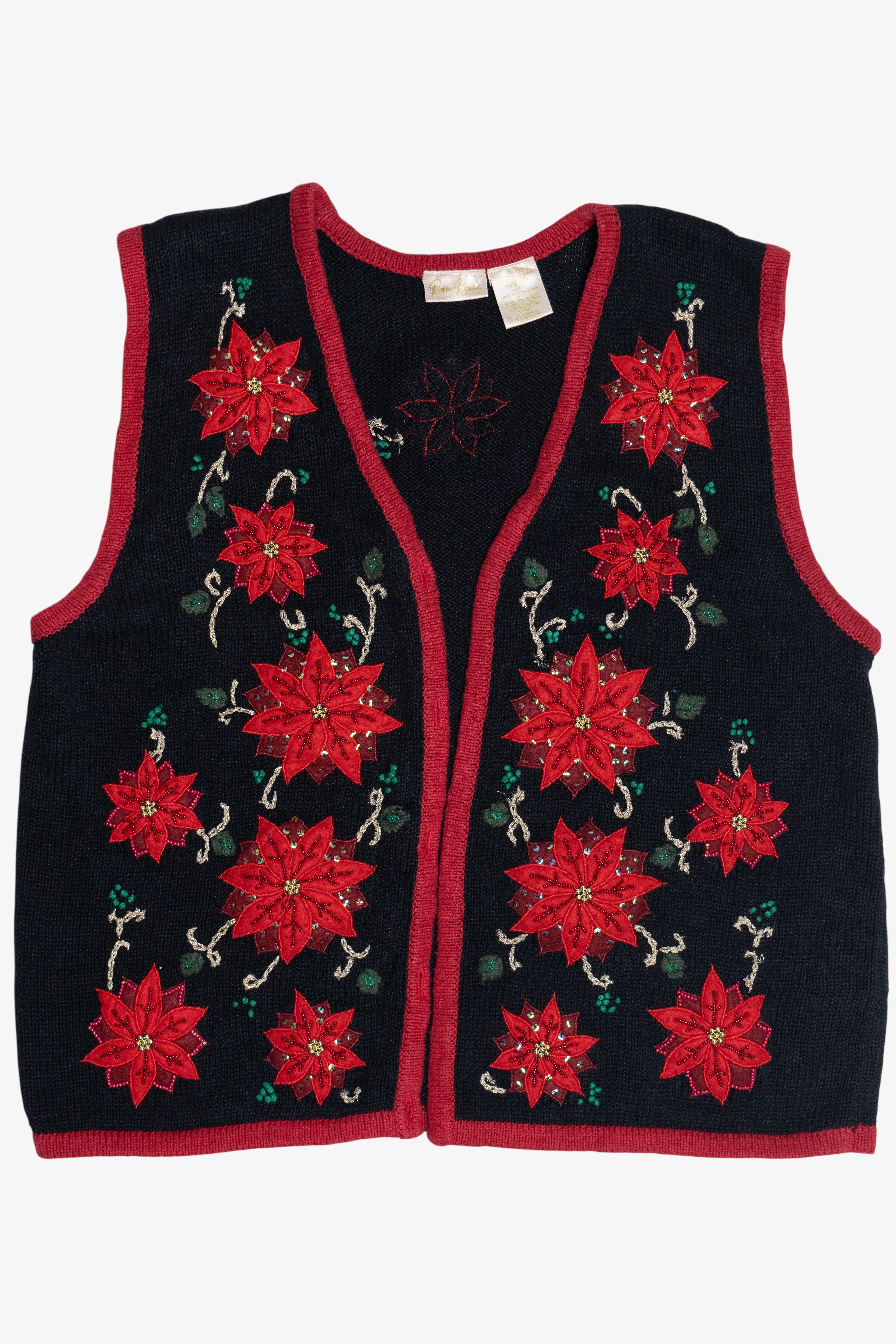 Vintage Bobbie Brooks Poinsettia Open Front Ugly Christmas Vest (1990s)