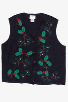 Vintage Susan Bristol Hand Embroidered Holly Wool Ugly Christmas Vest