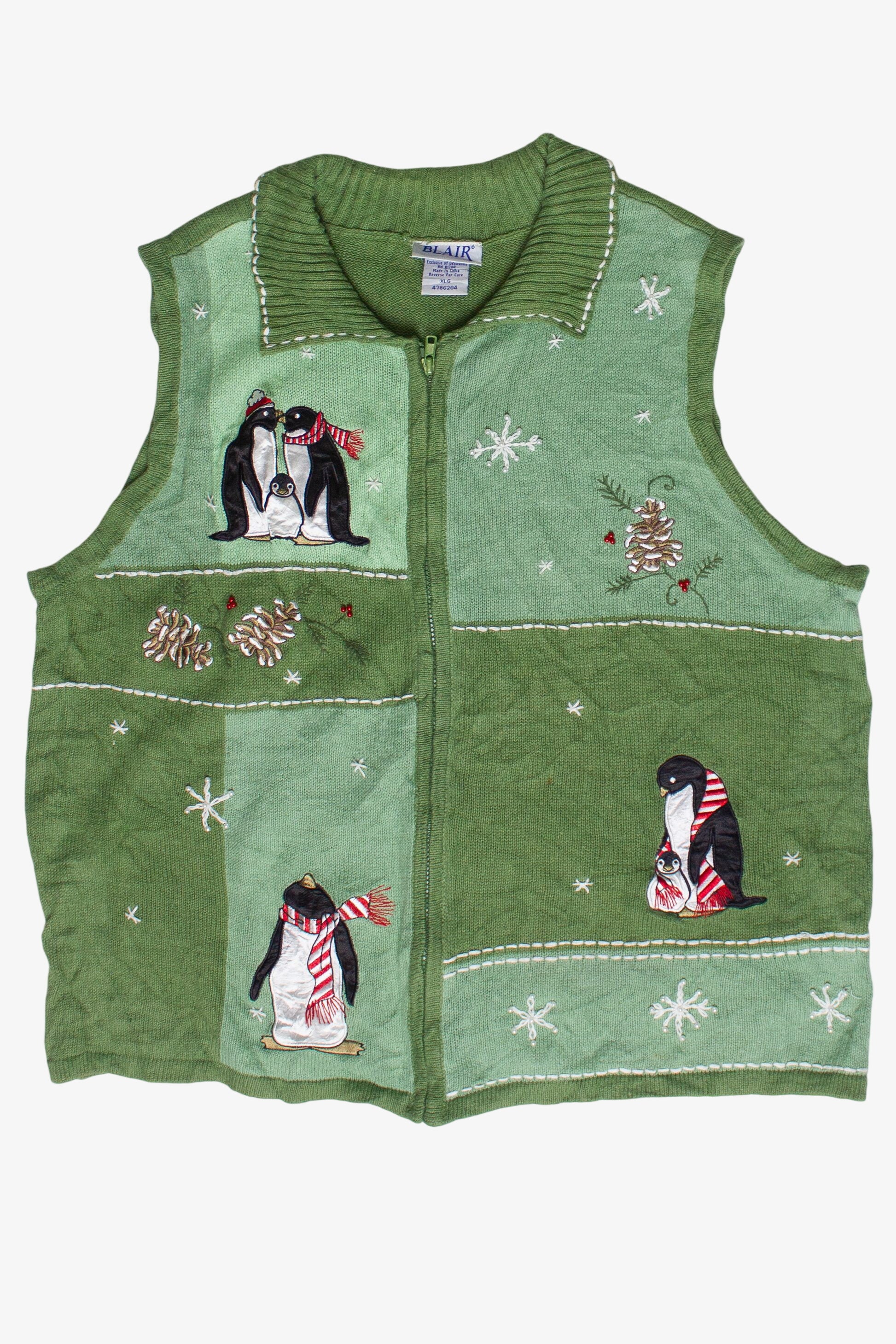 Vintage Blair Holiday Penguins Zip Up Ugly Christmas Vest 