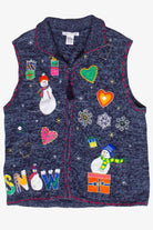 Vintage Embroidered Snowmen Patches Zip Up Ugly Christmas Vest