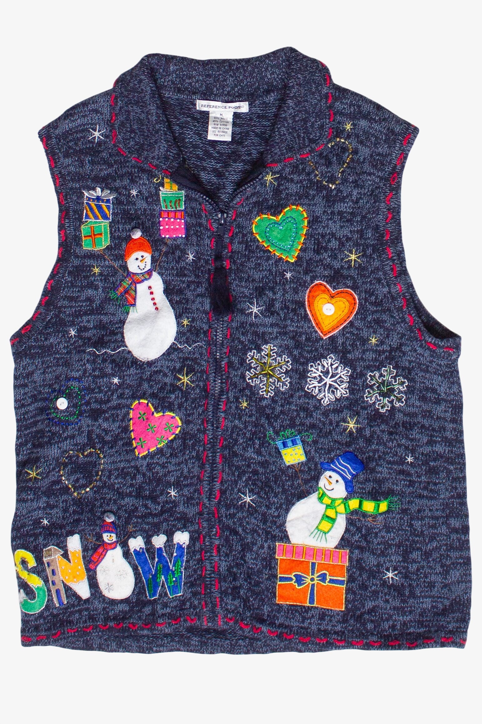 Vintage Embroidered Snowmen Patches Zip Up Ugly Christmas Vest
