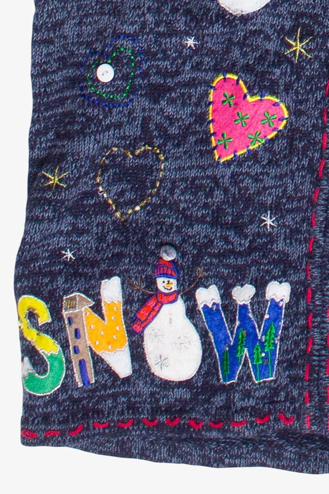 Vintage Embroidered Snowmen Patches Zip Up Ugly Christmas Vest