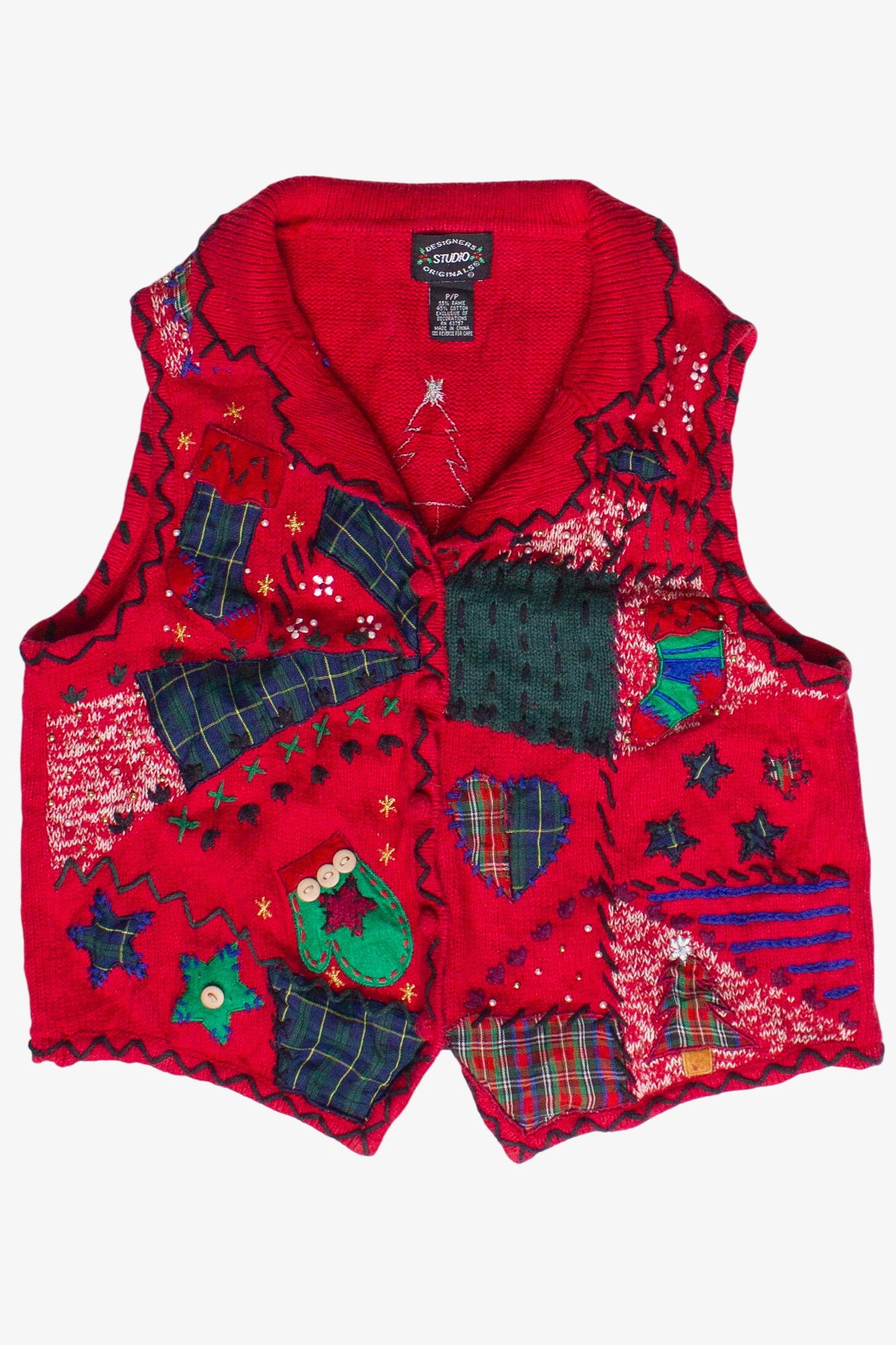 Vintage Embroidered Patchwork Plaid Cottagecore Ugly Christmas Vest