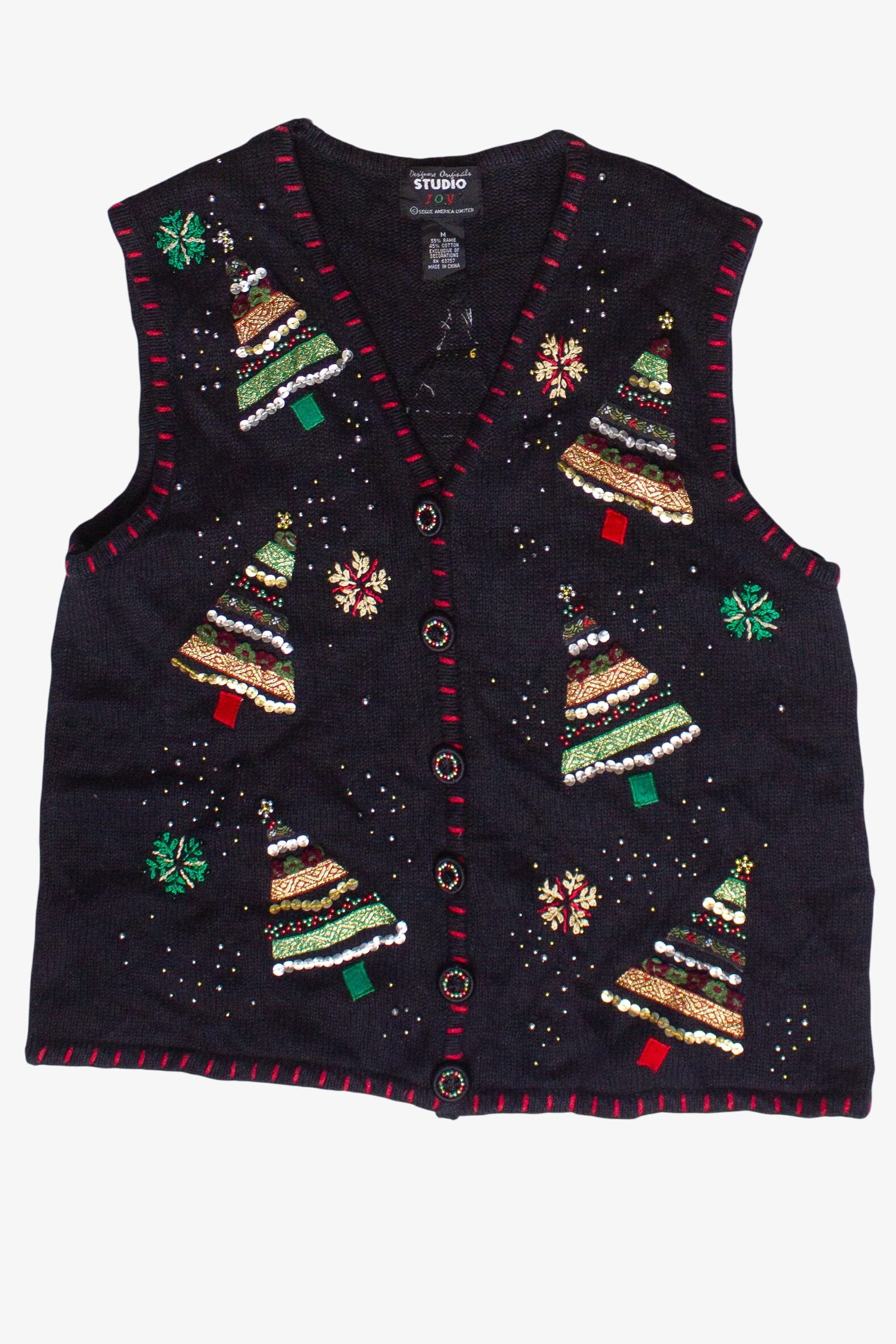 Vintage Beaded Ribbon Christmas Trees Ugly Christmas Vest