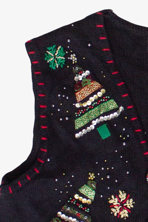 Vintage Beaded Ribbon Christmas Trees Ugly Christmas Vest