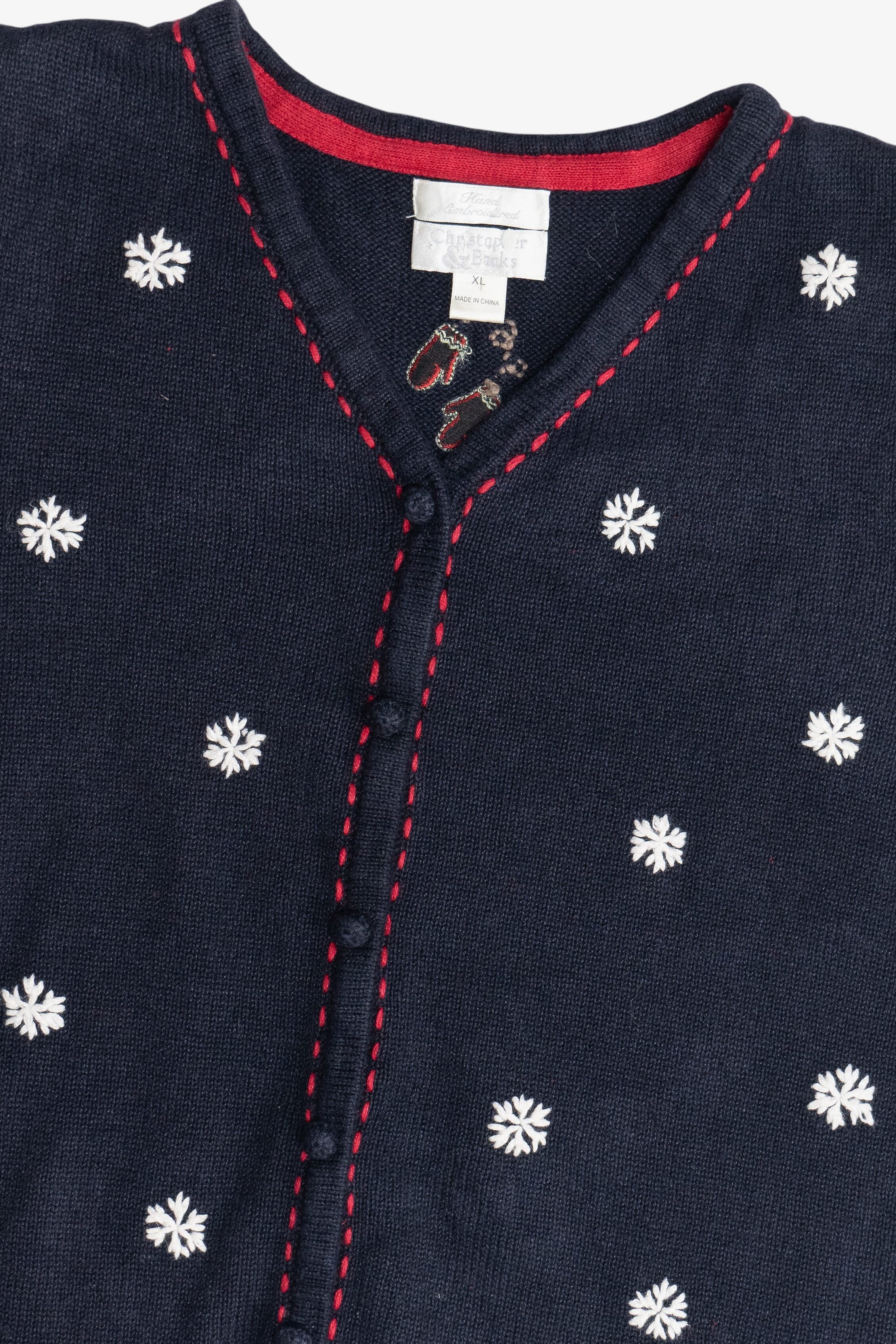 Vintage Navy Blue Christopher & Banks Hand Embroidered Ugly Christmas Vest (1990s)