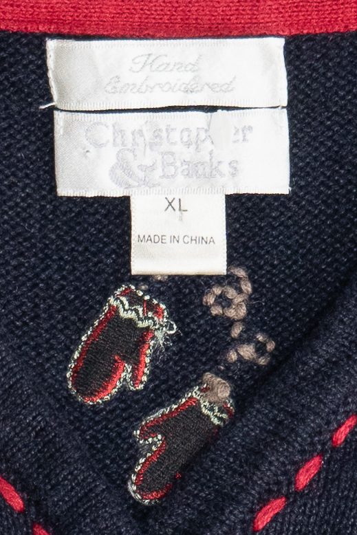 Vintage Navy Blue Christopher & Banks Hand Embroidered Ugly Christmas Vest (1990s)