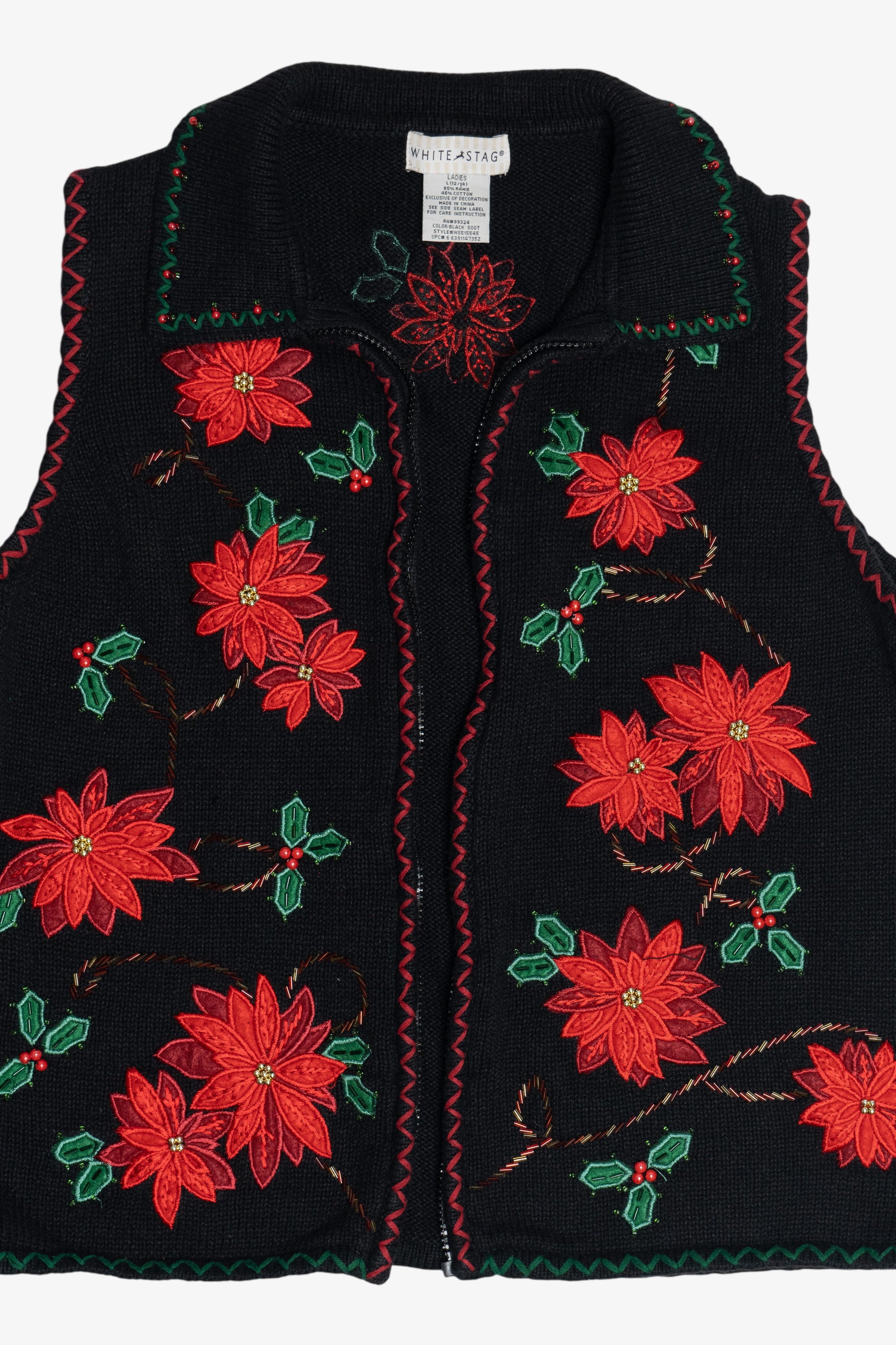 Vintage Black Poinsettia Open Front Ugly Christmas Sweater (1990s)