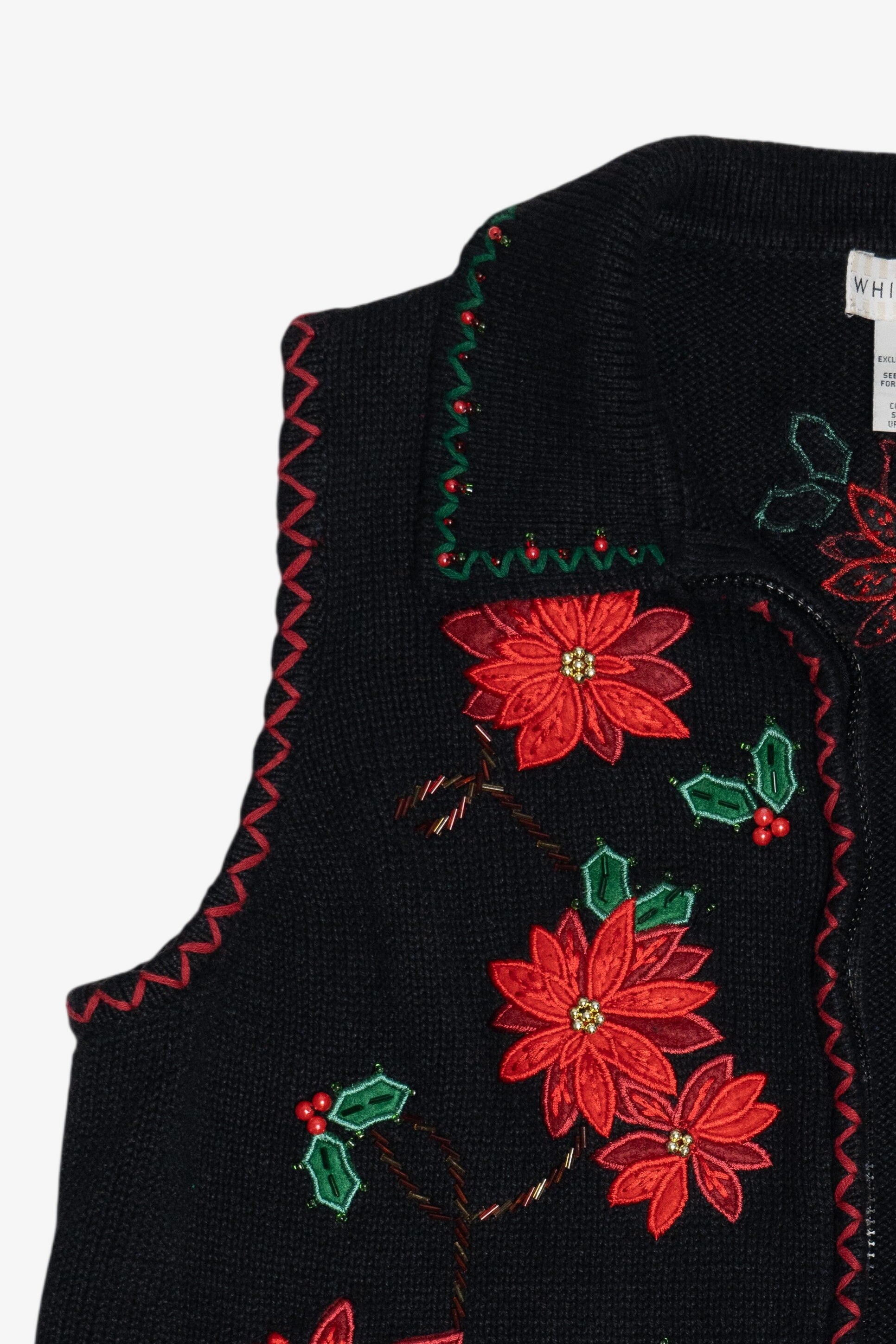 Vintage Black Poinsettia Open Front Ugly Christmas Sweater (1990s)