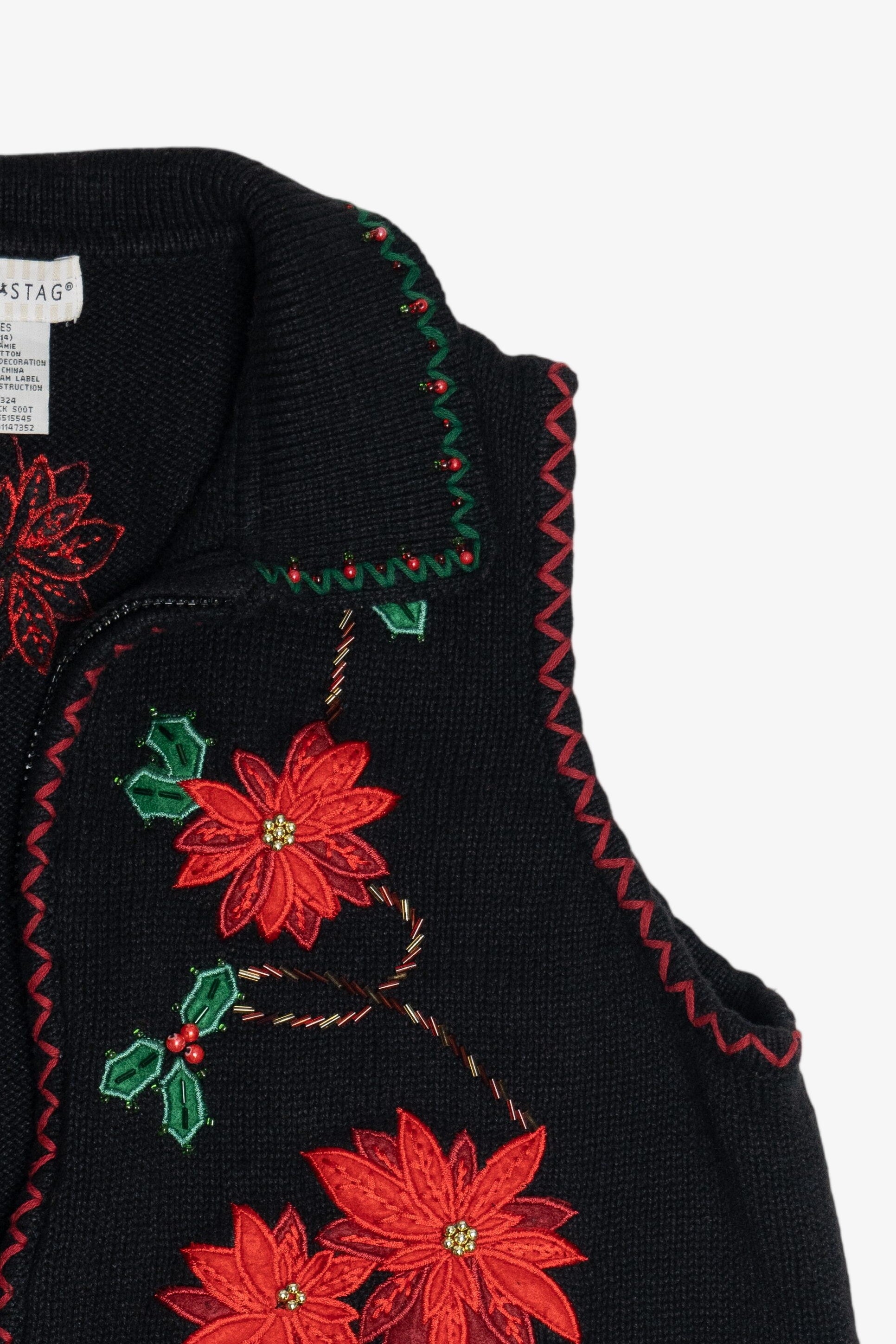 Vintage Black Poinsettia Open Front Ugly Christmas Sweater (1990s)