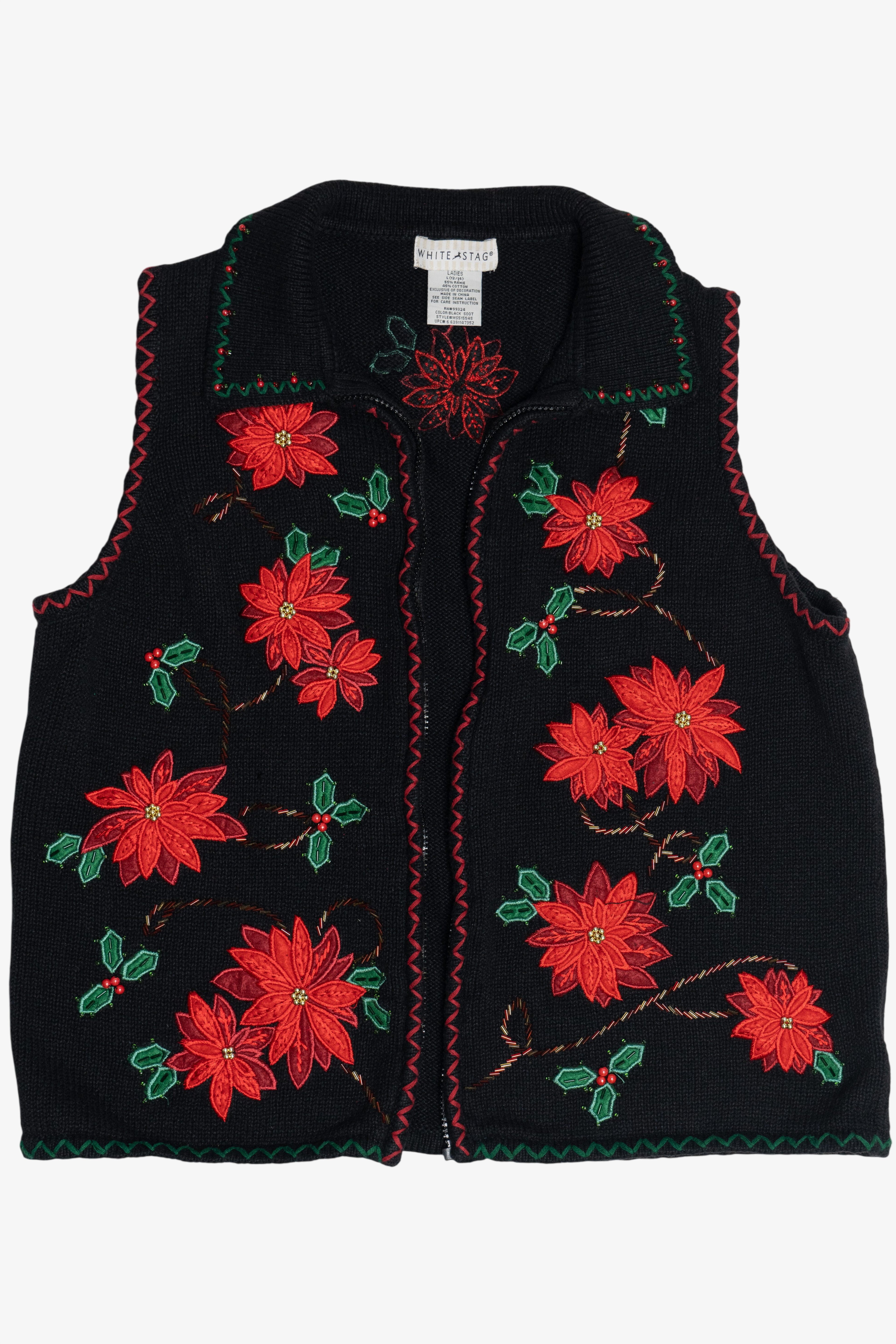 Vintage Black Poinsettia Open Front Ugly Christmas Sweater (1990s)