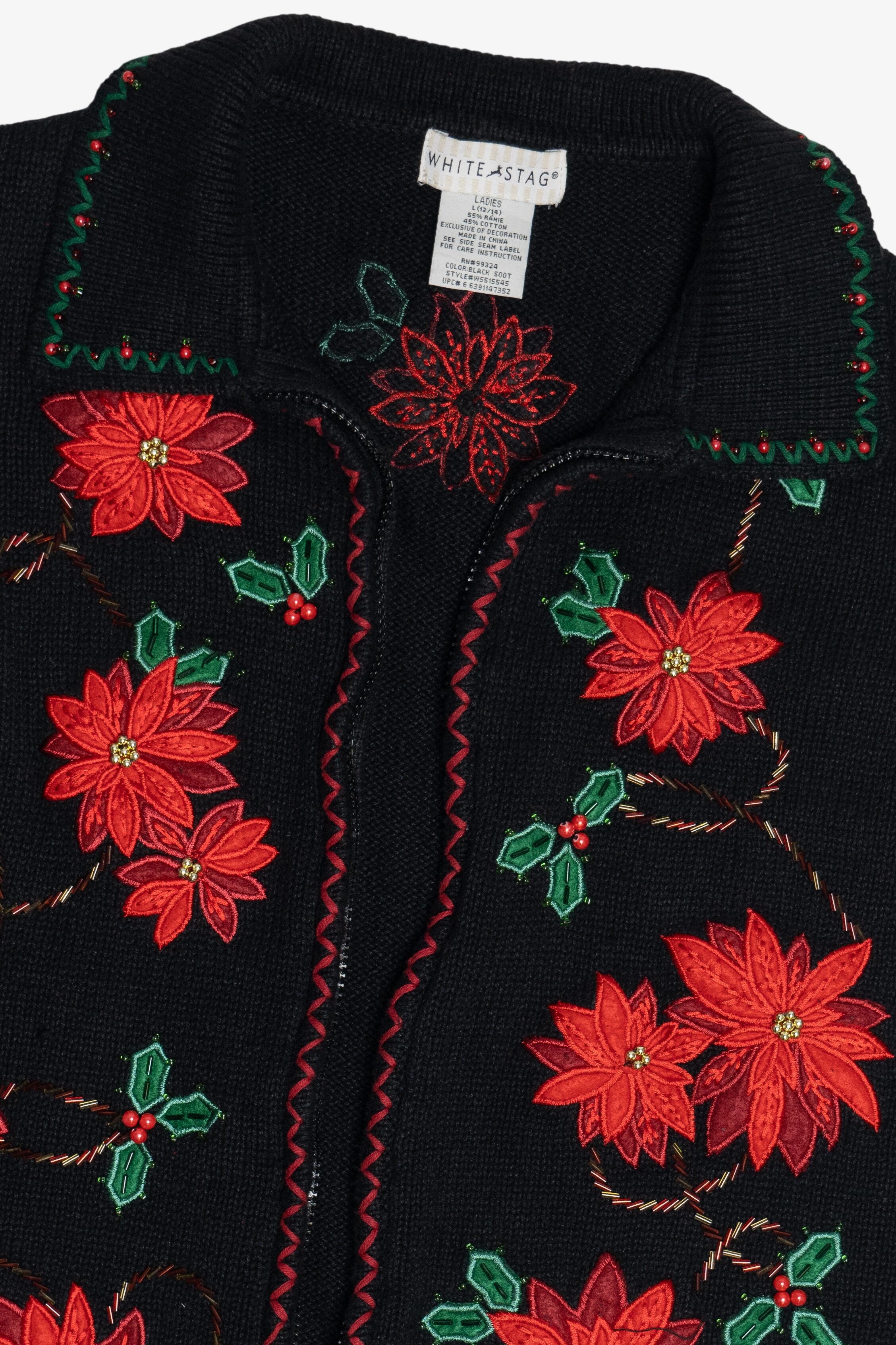 Vintage Black Poinsettia Open Front Ugly Christmas Sweater (1990s)
