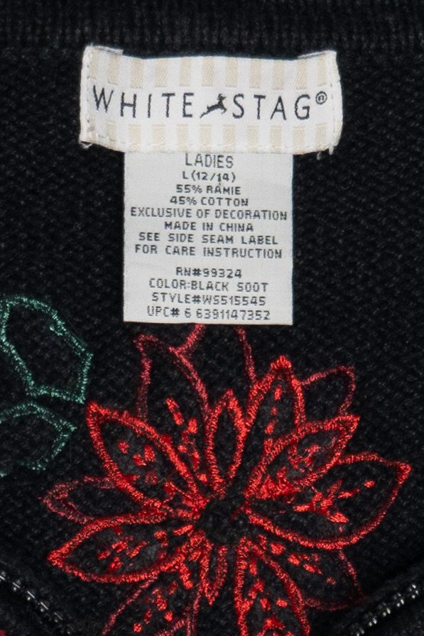 Vintage Black Poinsettia Open Front Ugly Christmas Sweater (1990s)