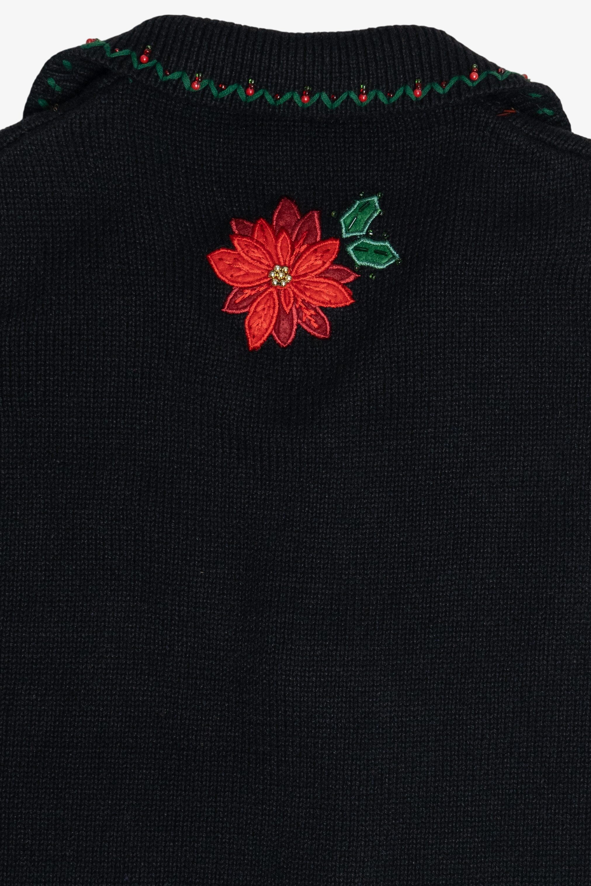 Vintage Black Poinsettia Open Front Ugly Christmas Sweater (1990s)