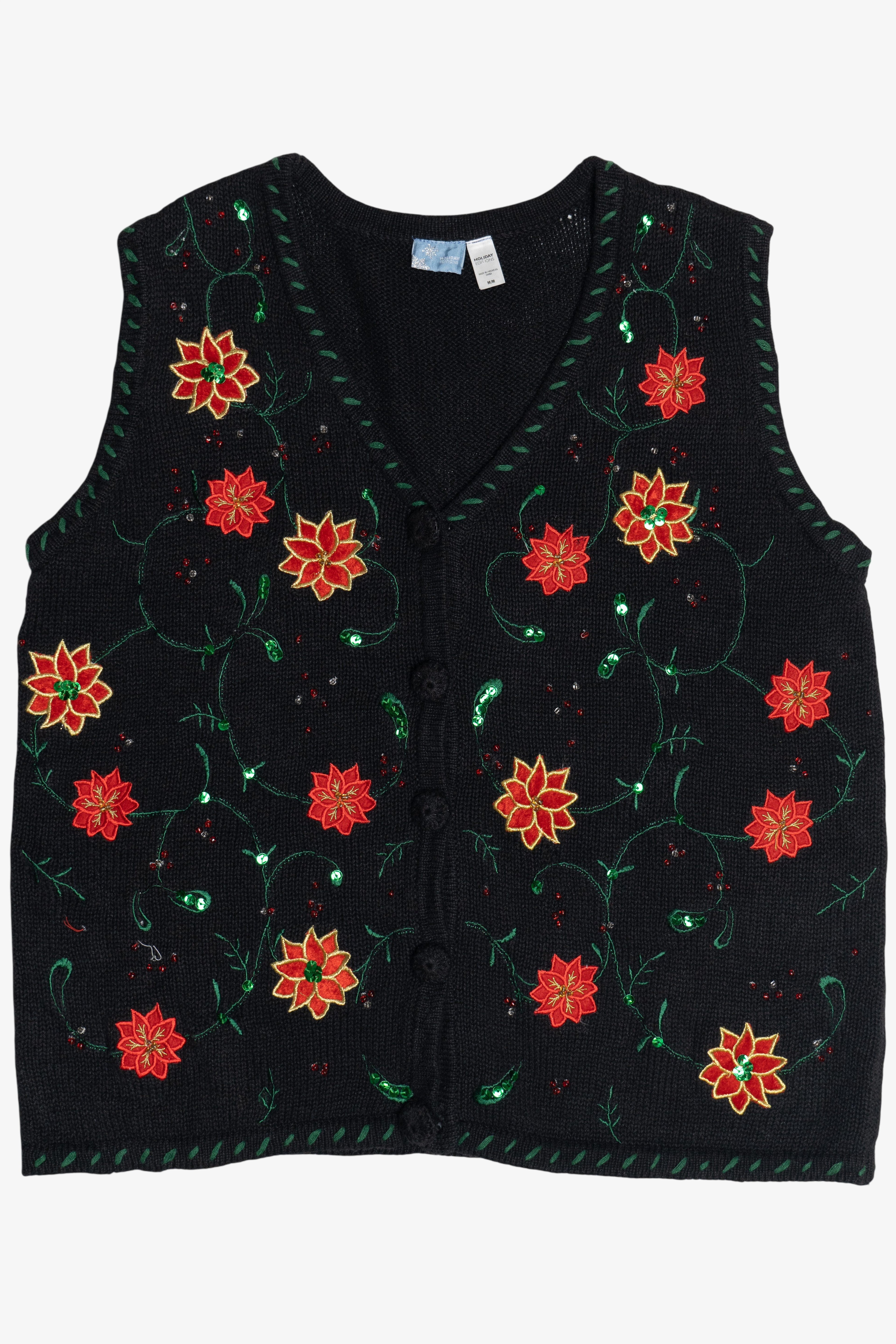 Vintage Black Poinsettias Ugly Christmas Vest (2000s)