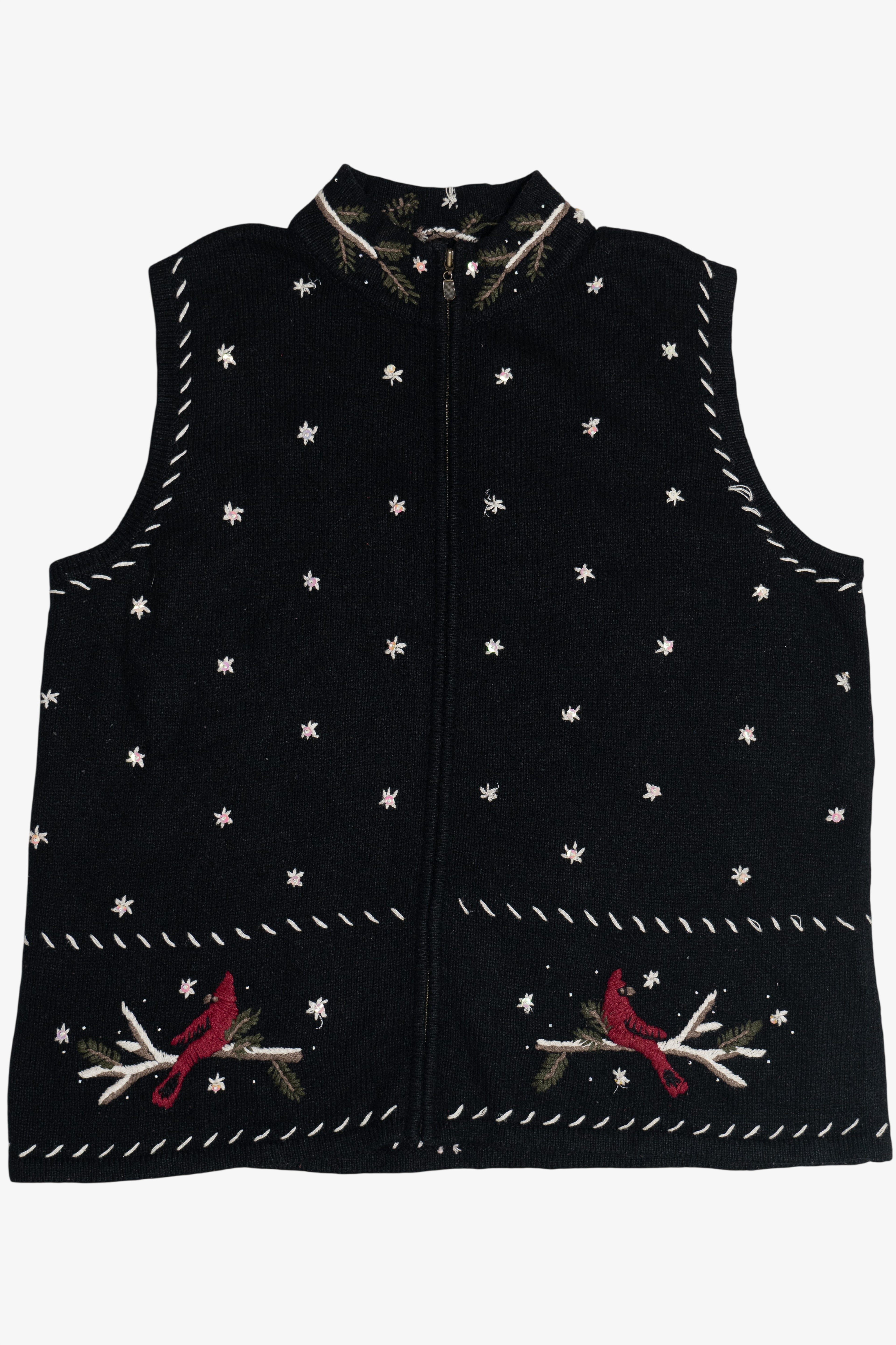 Vintage Hand Embroidered Cardinals & Snowflakes Ugly Christmas Vest (1990s)