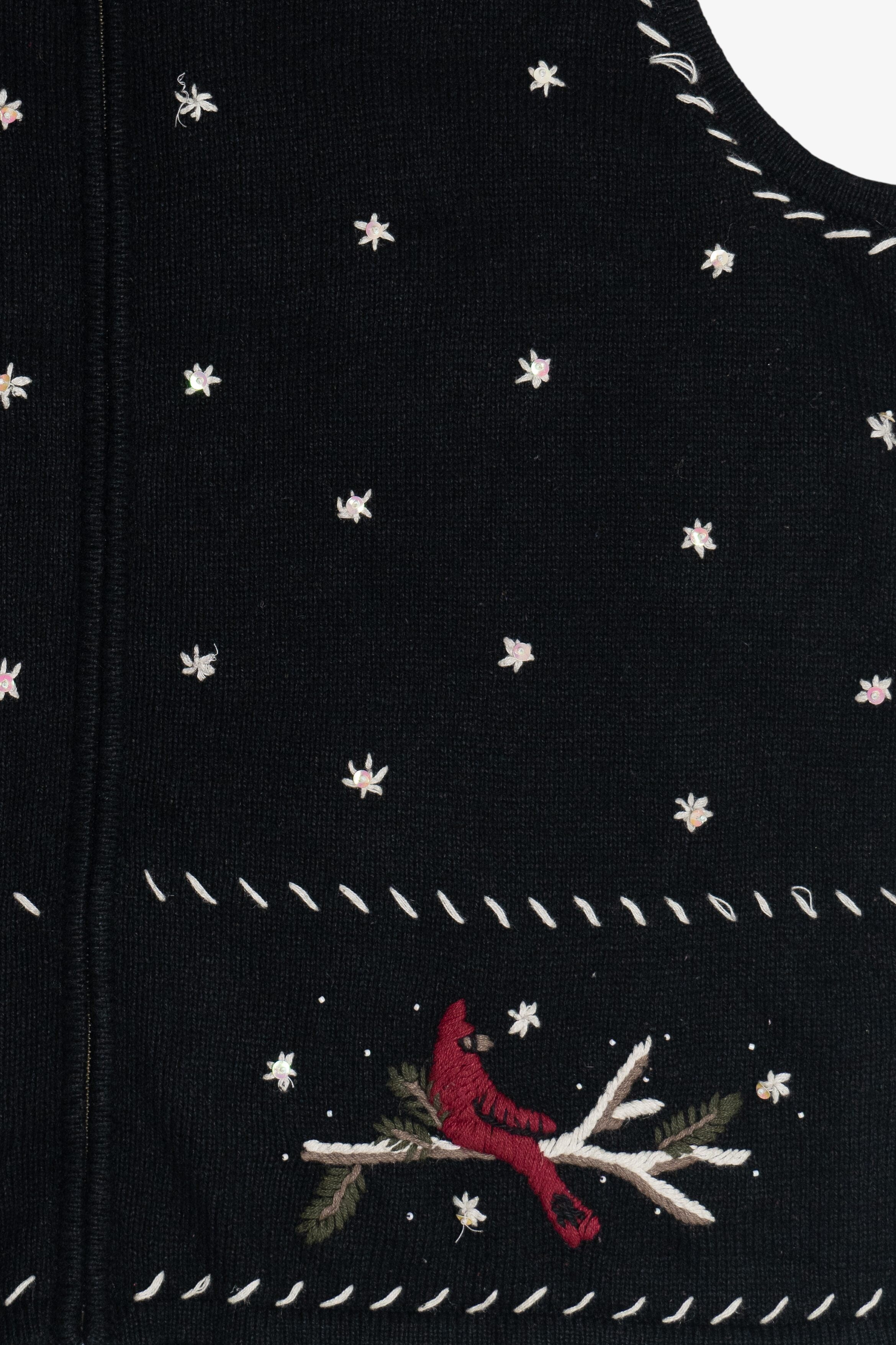 Vintage Hand Embroidered Cardinals & Snowflakes Ugly Christmas Vest (1990s)