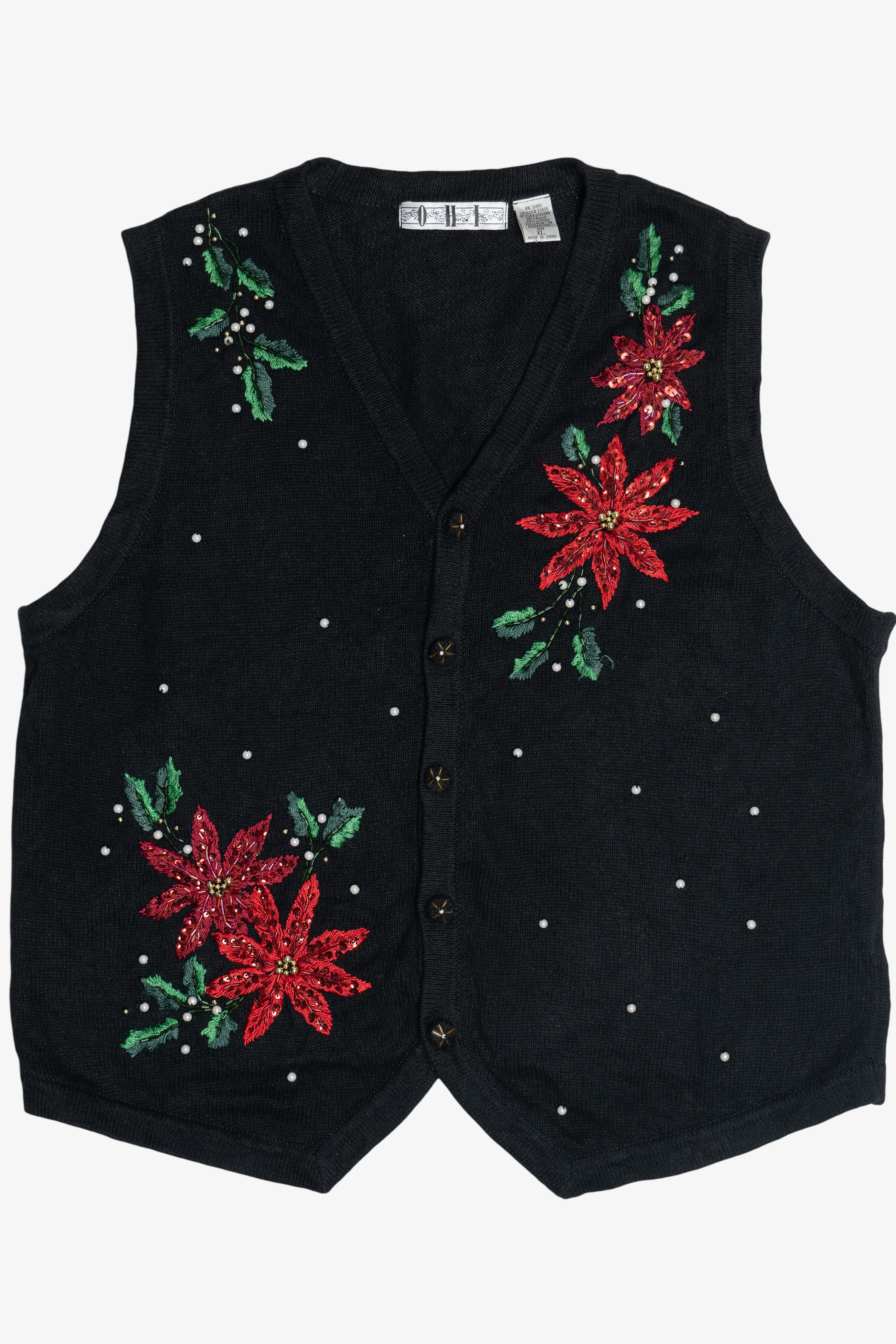 Vintage Beaded Poinsettia Flowers Ugly Christmas Vest (1990s)