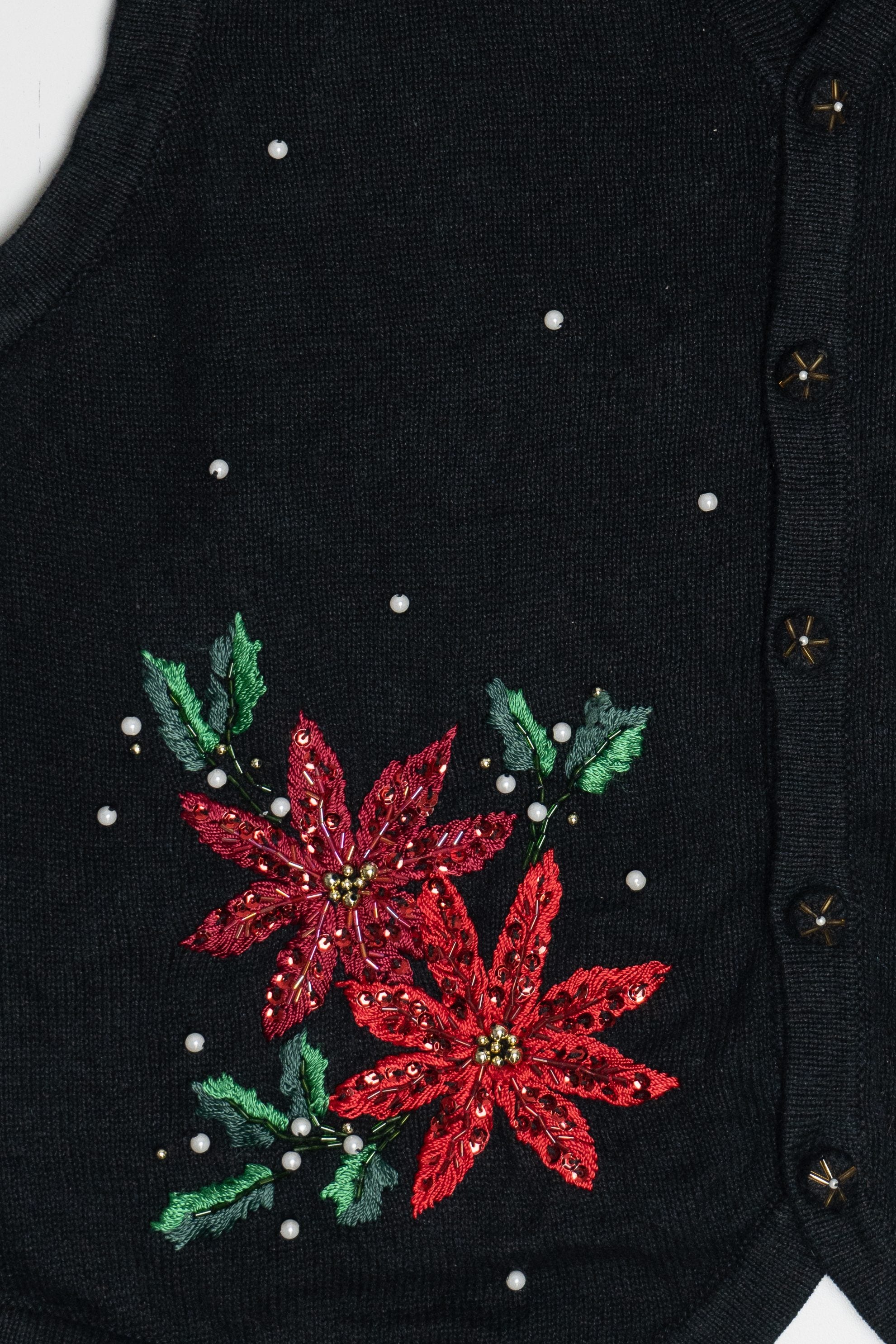 Vintage Beaded Poinsettia Flowers Ugly Christmas Vest (1990s)