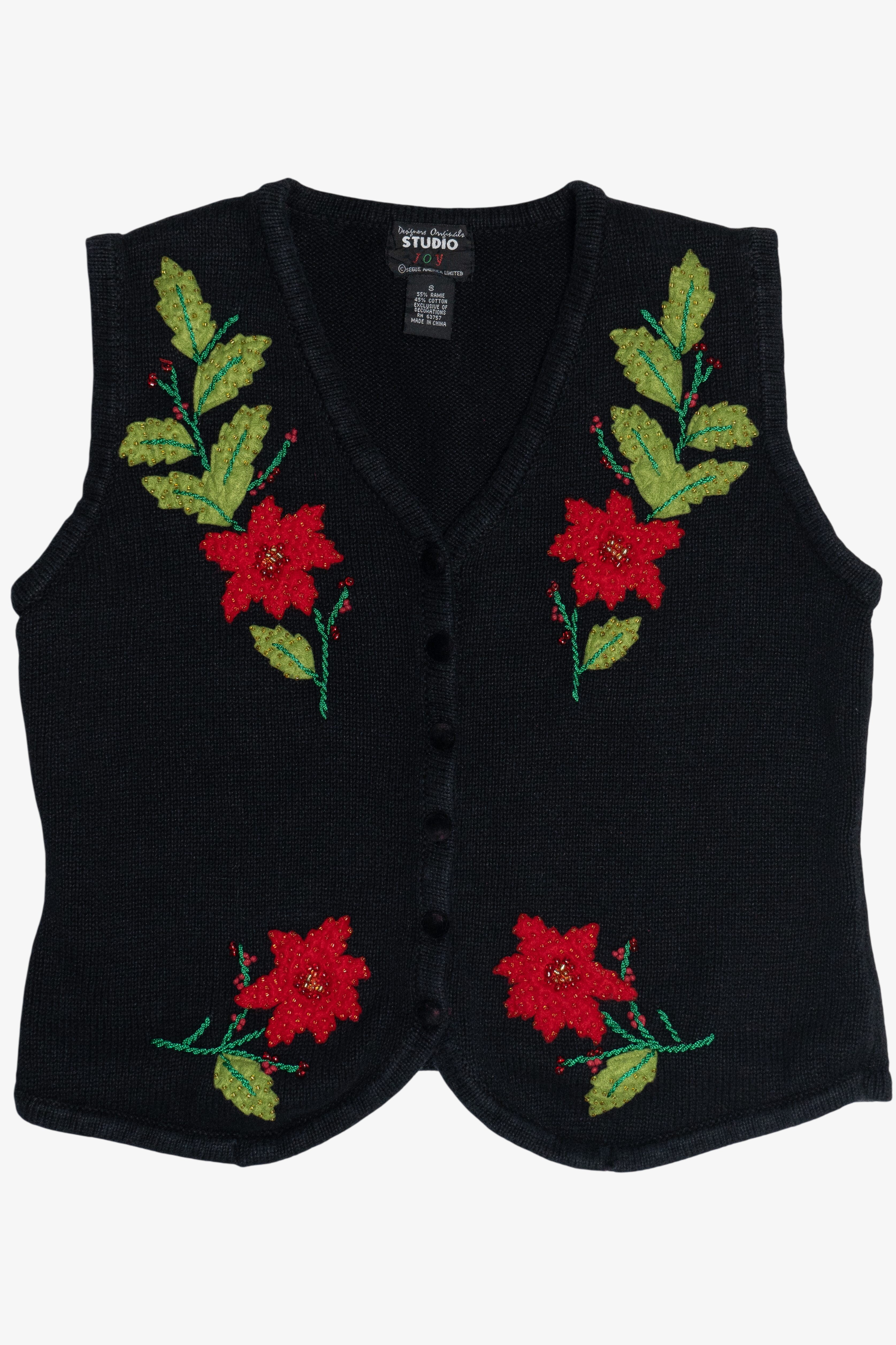 Vintage Designers Originals Studio Beaded Poinsettias Ugly Christmas Vest (1990s)