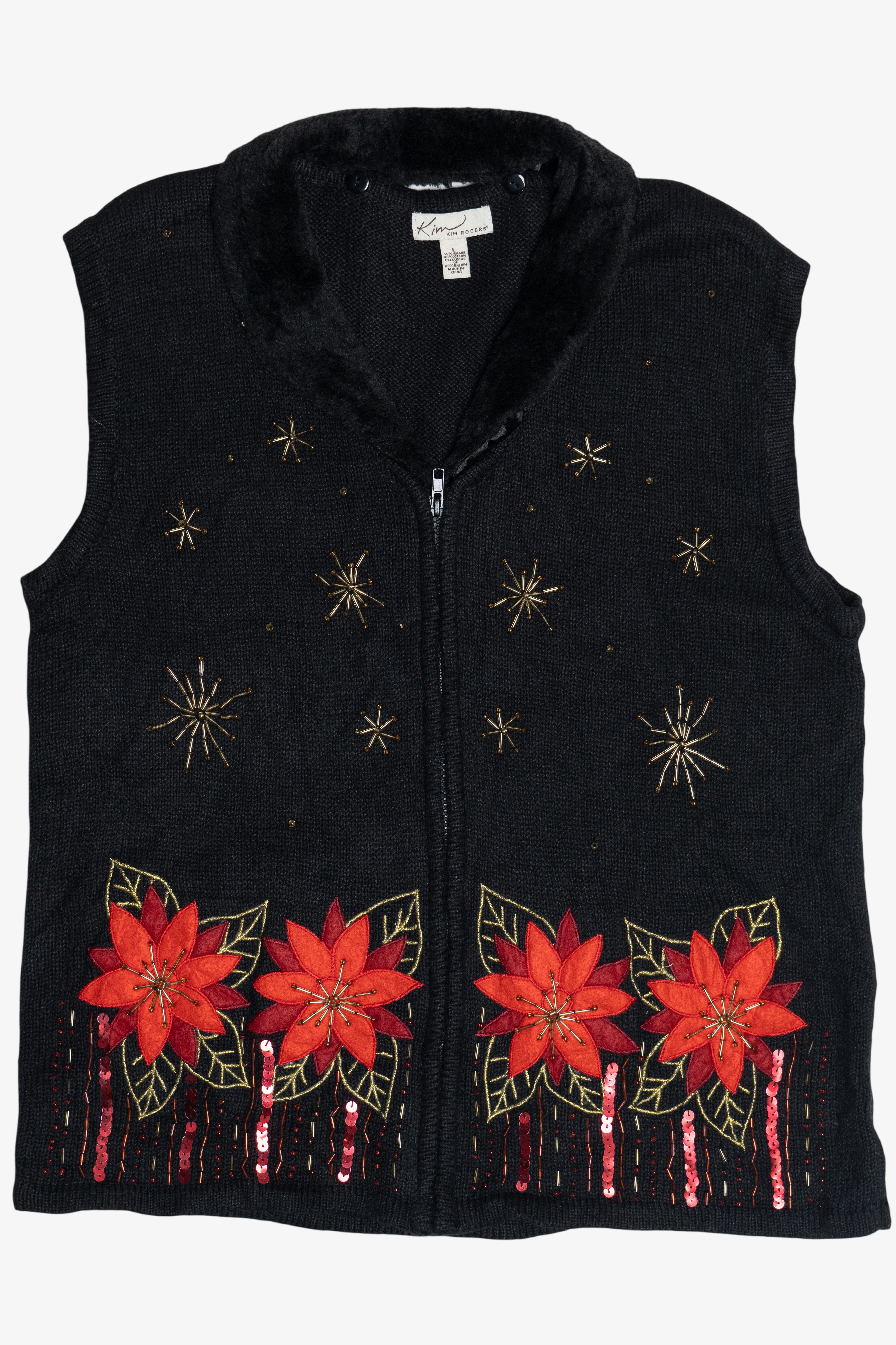 Vintage Kim Rogers Faux Fur Collar Poinsettia Ugly Christmas Vest (1990s)