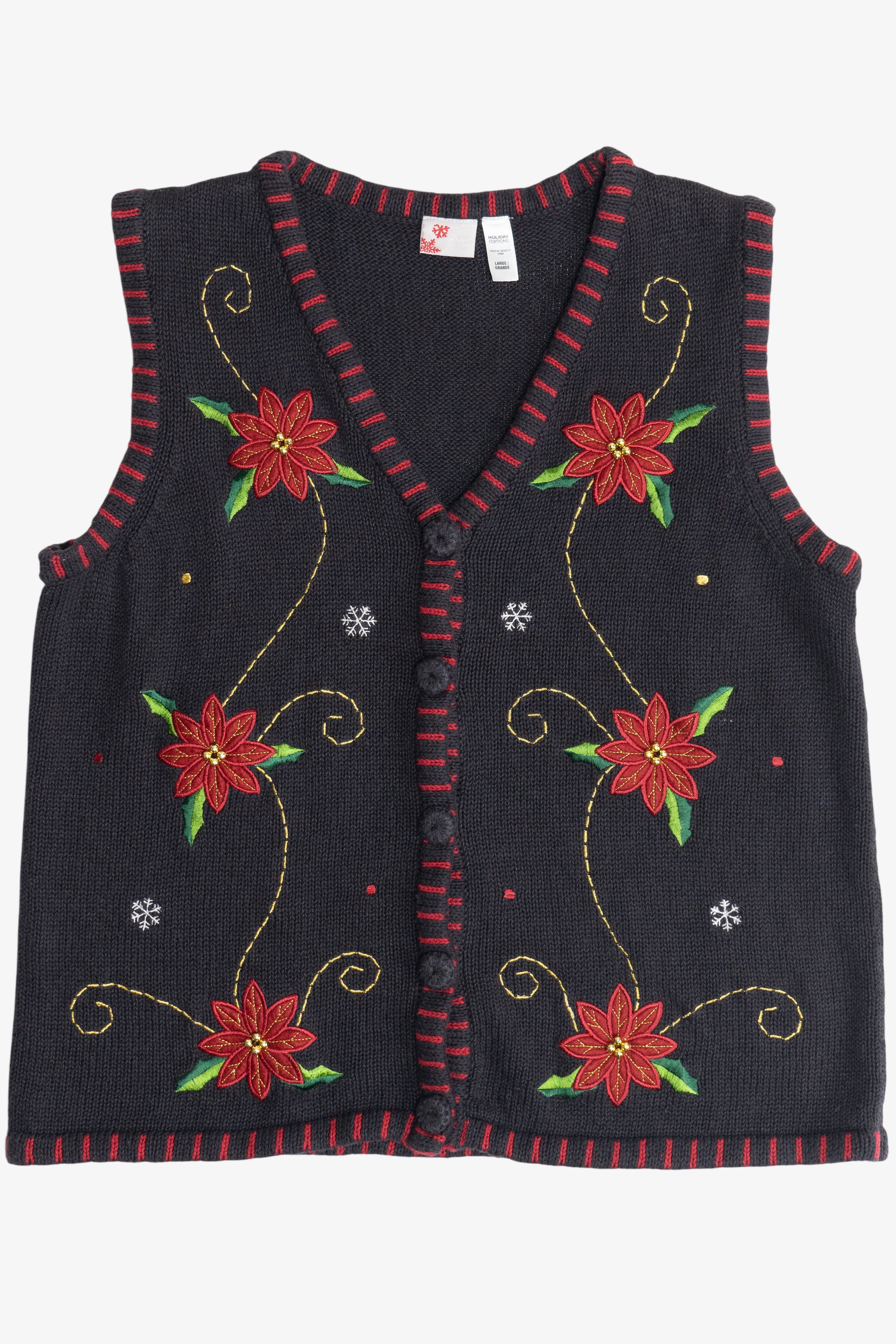 Vintage Black Holiday Editions Poinsettia Ugly Christmas Vest (1990s)