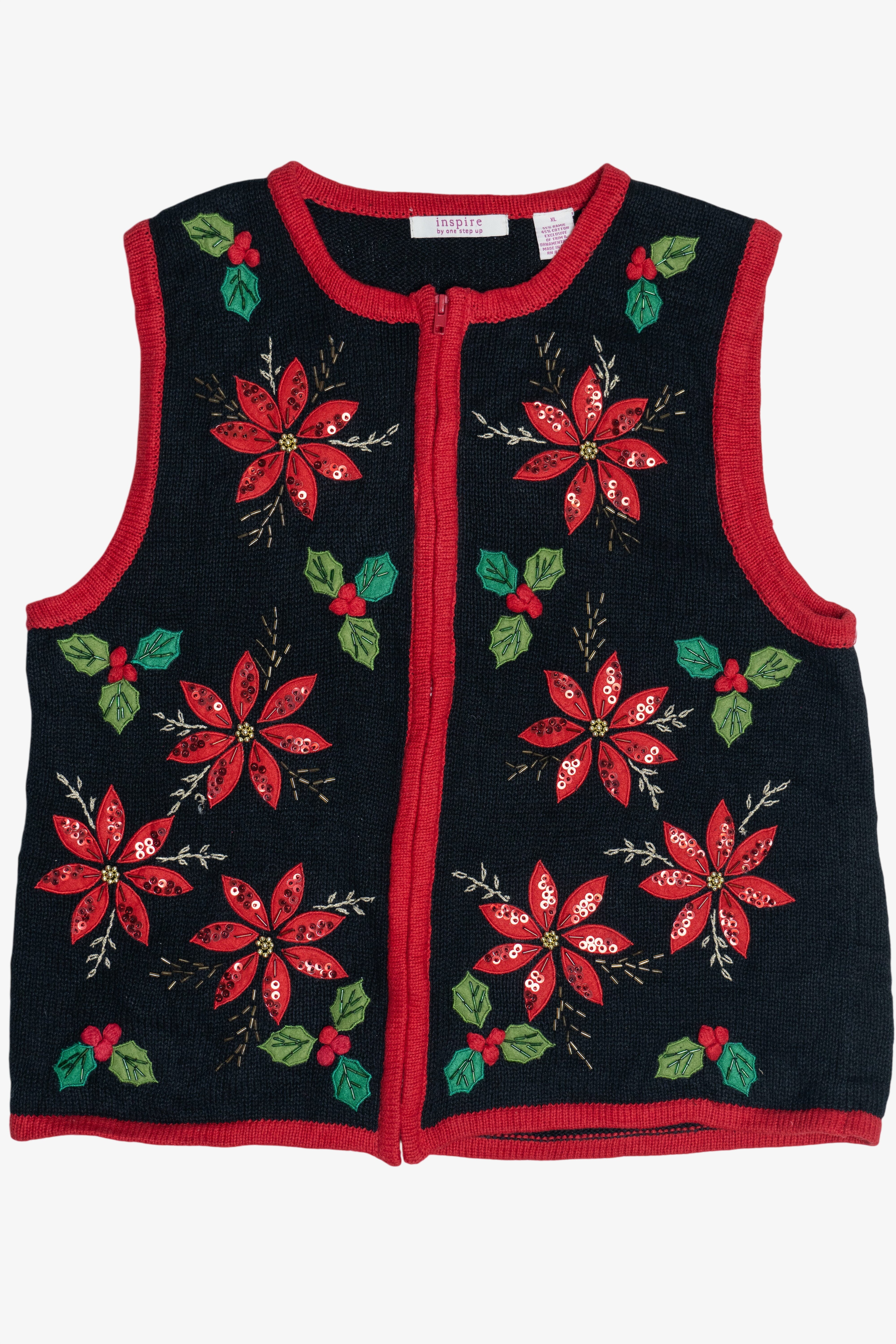 Vintage Poinsettias Contrast Trim Ugly Christmas Vest (1990s)