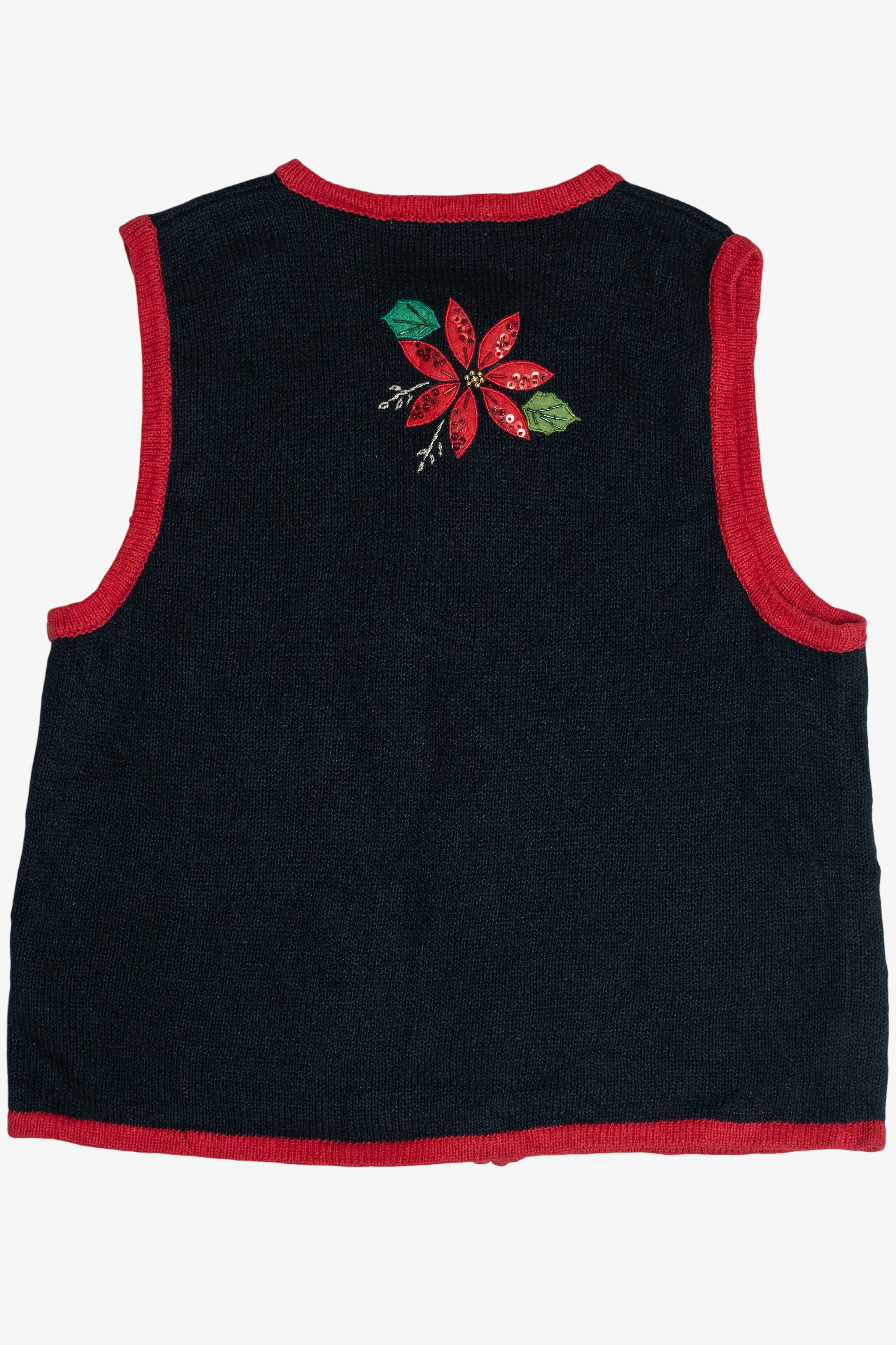 Vintage Poinsettias Contrast Trim Ugly Christmas Vest (1990s)