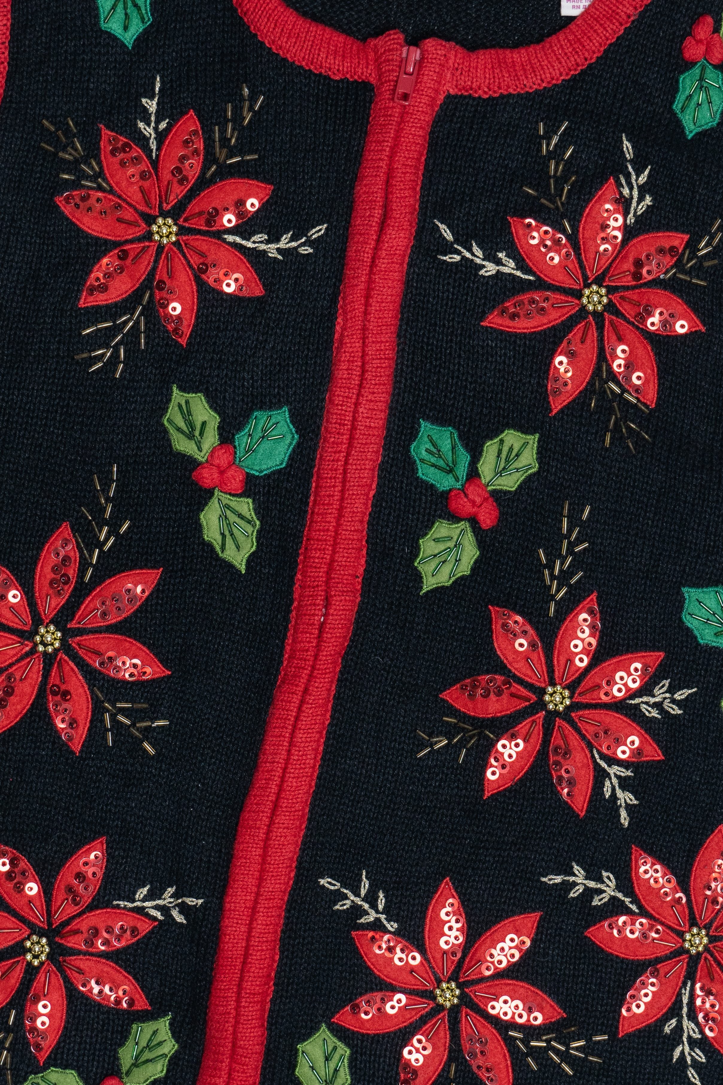 Vintage Poinsettias Contrast Trim Ugly Christmas Vest (1990s)