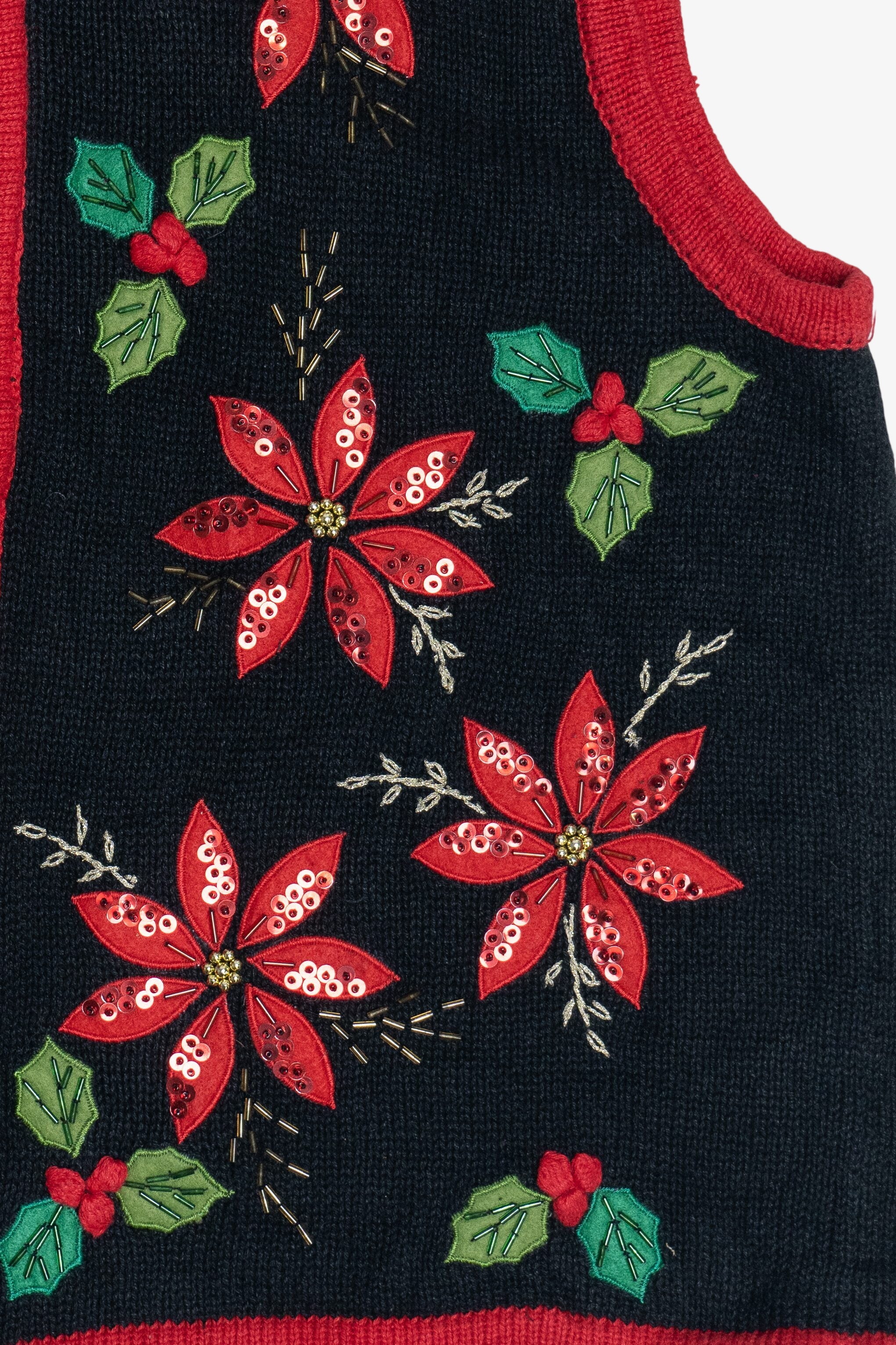 Vintage Poinsettias Contrast Trim Ugly Christmas Vest (1990s)