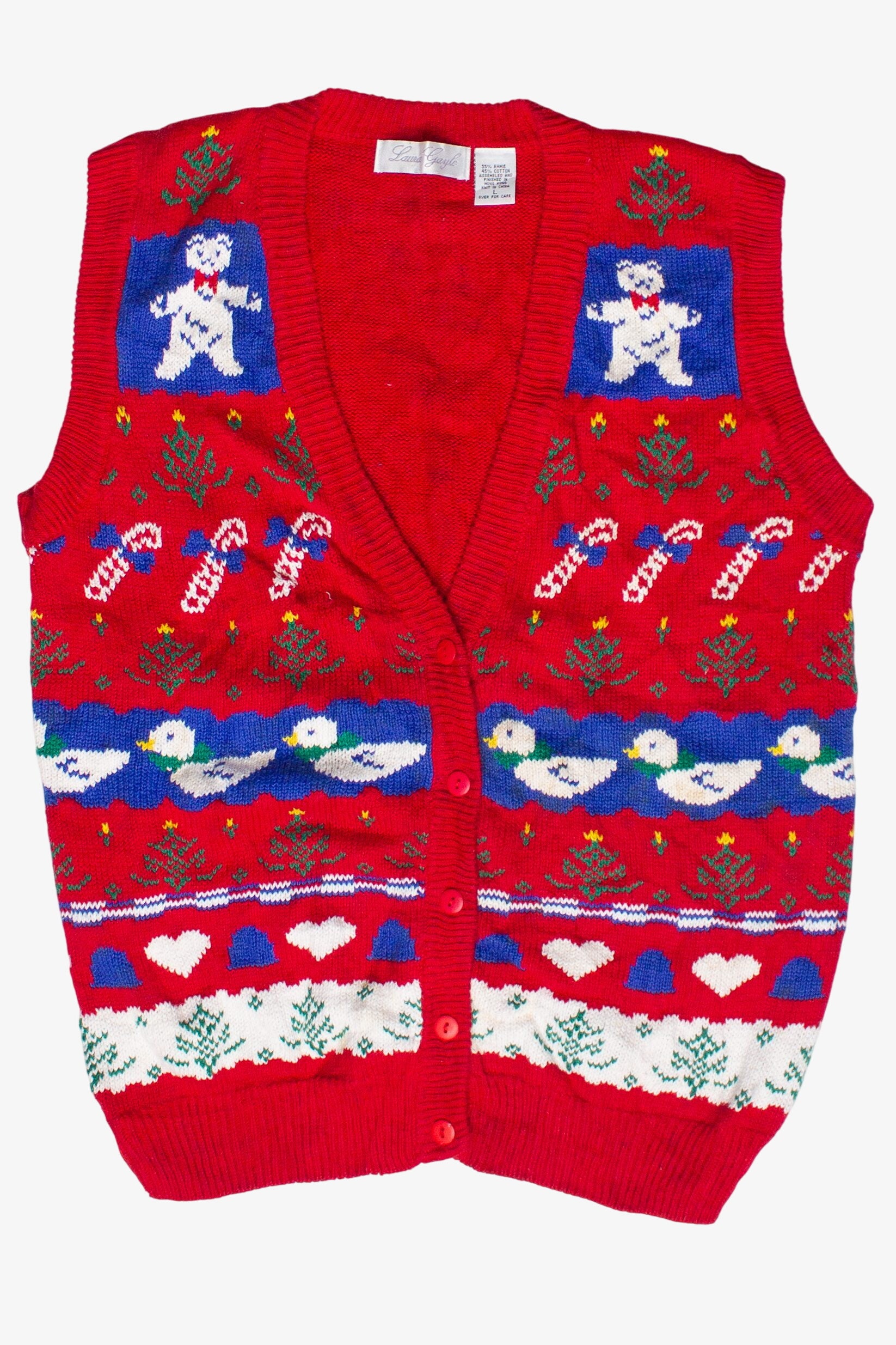 Vintage Cottagecore Bears Geese Pattern Laura Gayle Ugly Christmas Vest (1990s)