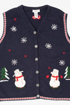 Vintage Navy Blue Northern Reflections Snowmen Ugly Christmas Vest (1990s)