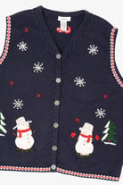 Vintage Navy Blue Northern Reflections Snowmen Ugly Christmas Vest (1990s)
