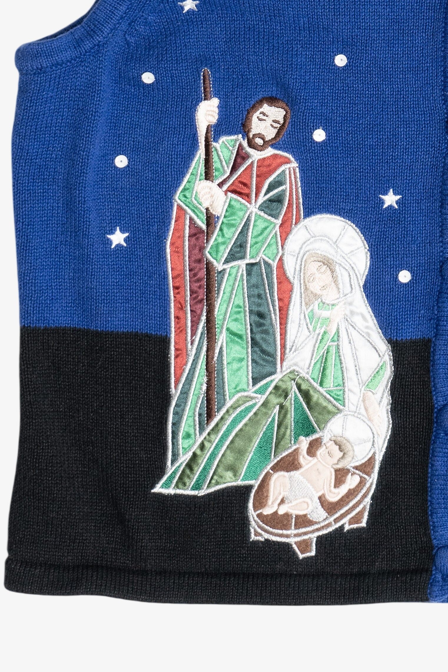 Vintage Blue Nativity Scene Ugly Christmas Sweater Vest (1990s)