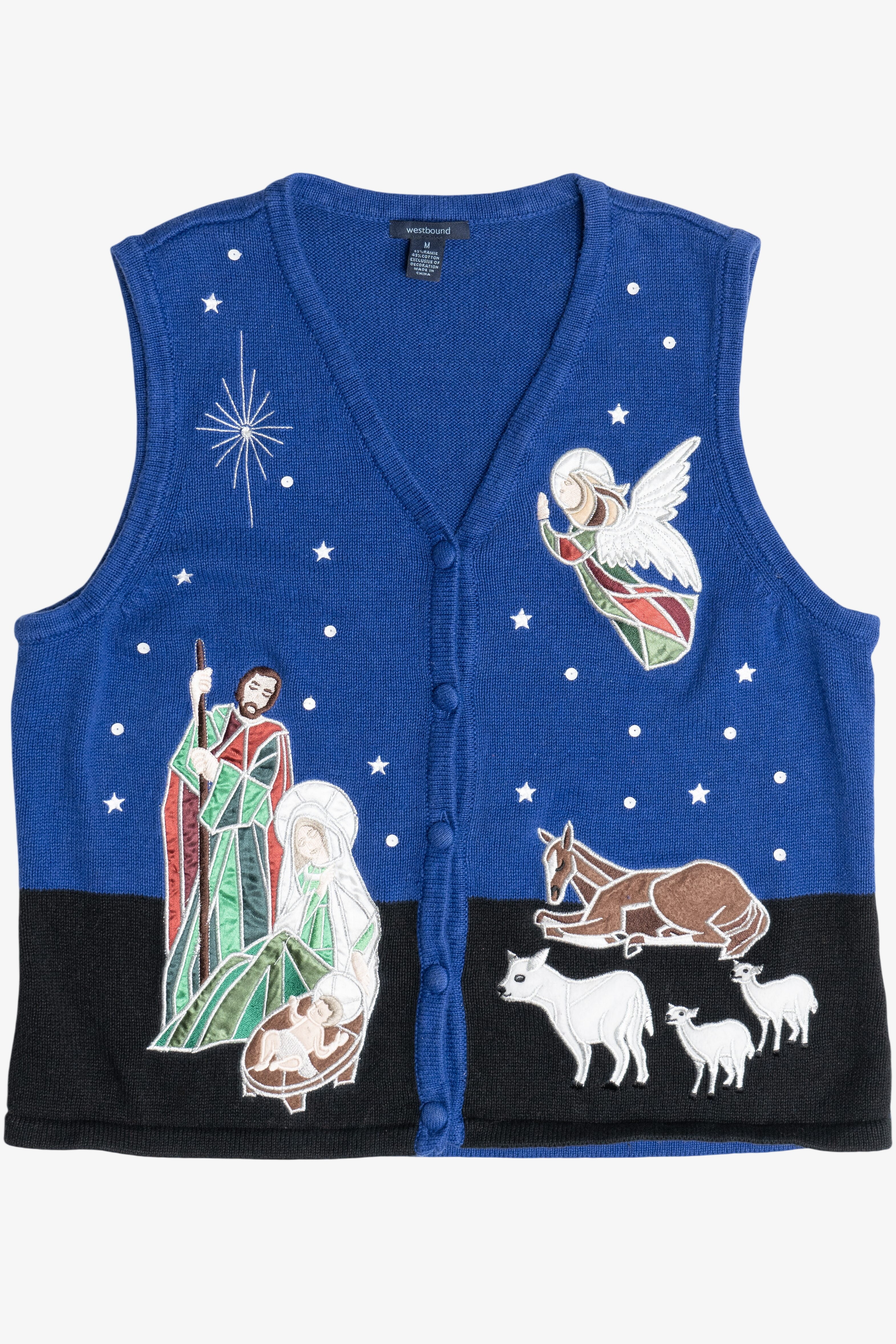 Vintage Blue Nativity Scene Ugly Christmas Sweater Vest (1990s)