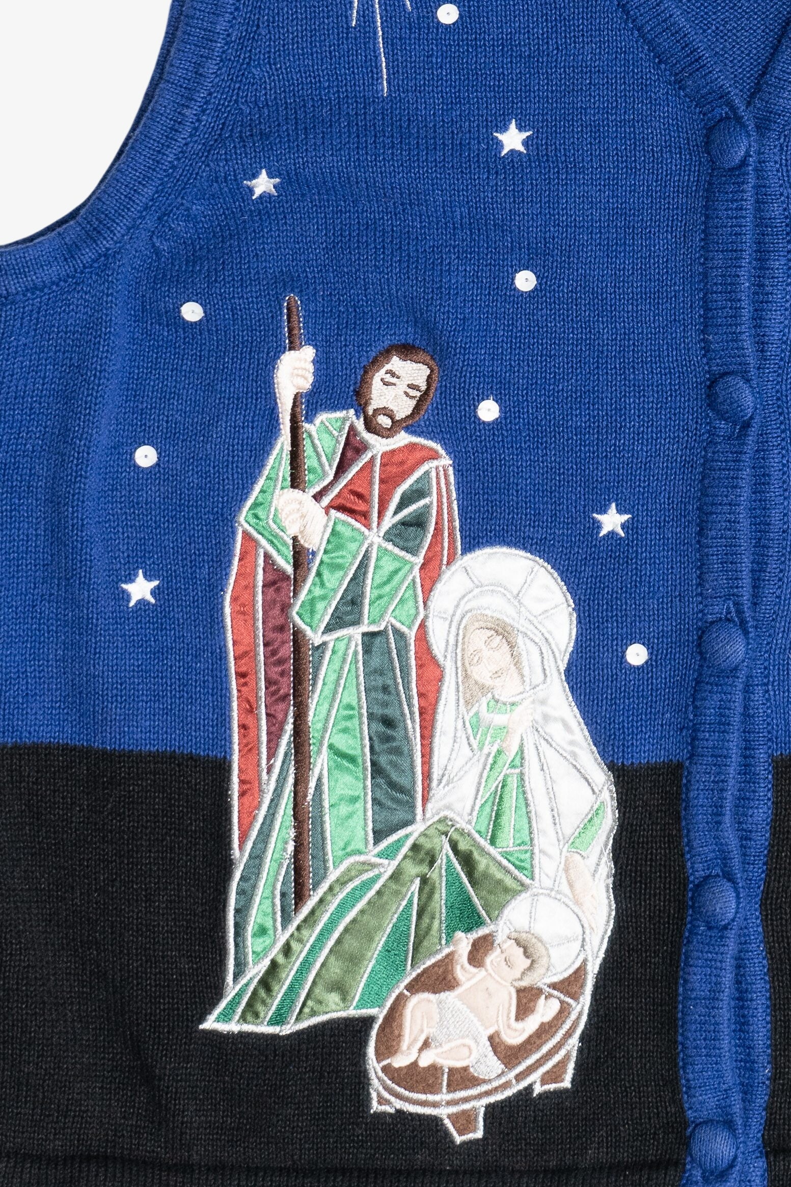 Vintage Blue Nativity Scene Ugly Christmas Sweater Vest (1990s)