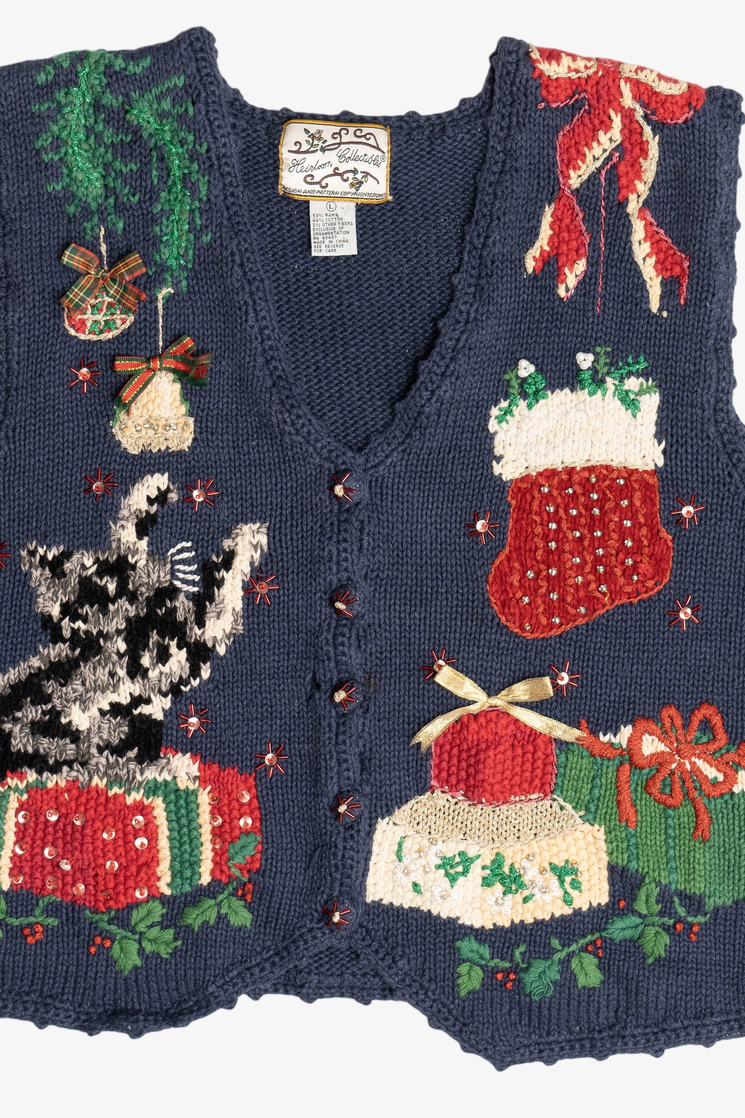 Vintage Cat Playing With Ornament Ugly Christmas Vest (1990s)