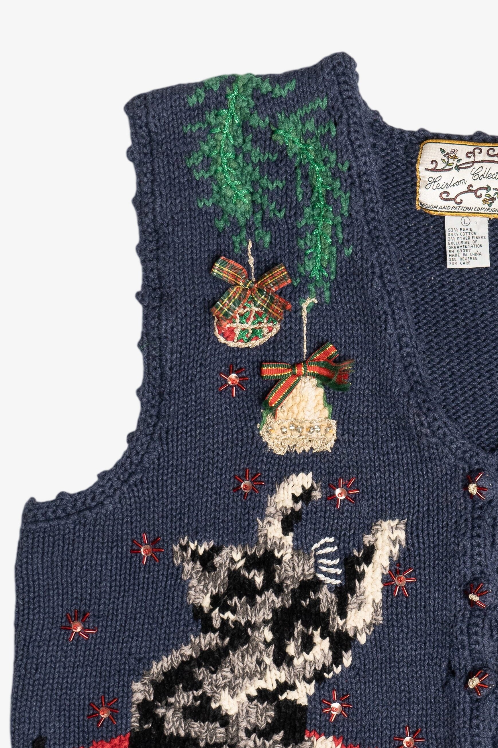 Vintage Cat Playing With Ornament Ugly Christmas Vest (1990s)