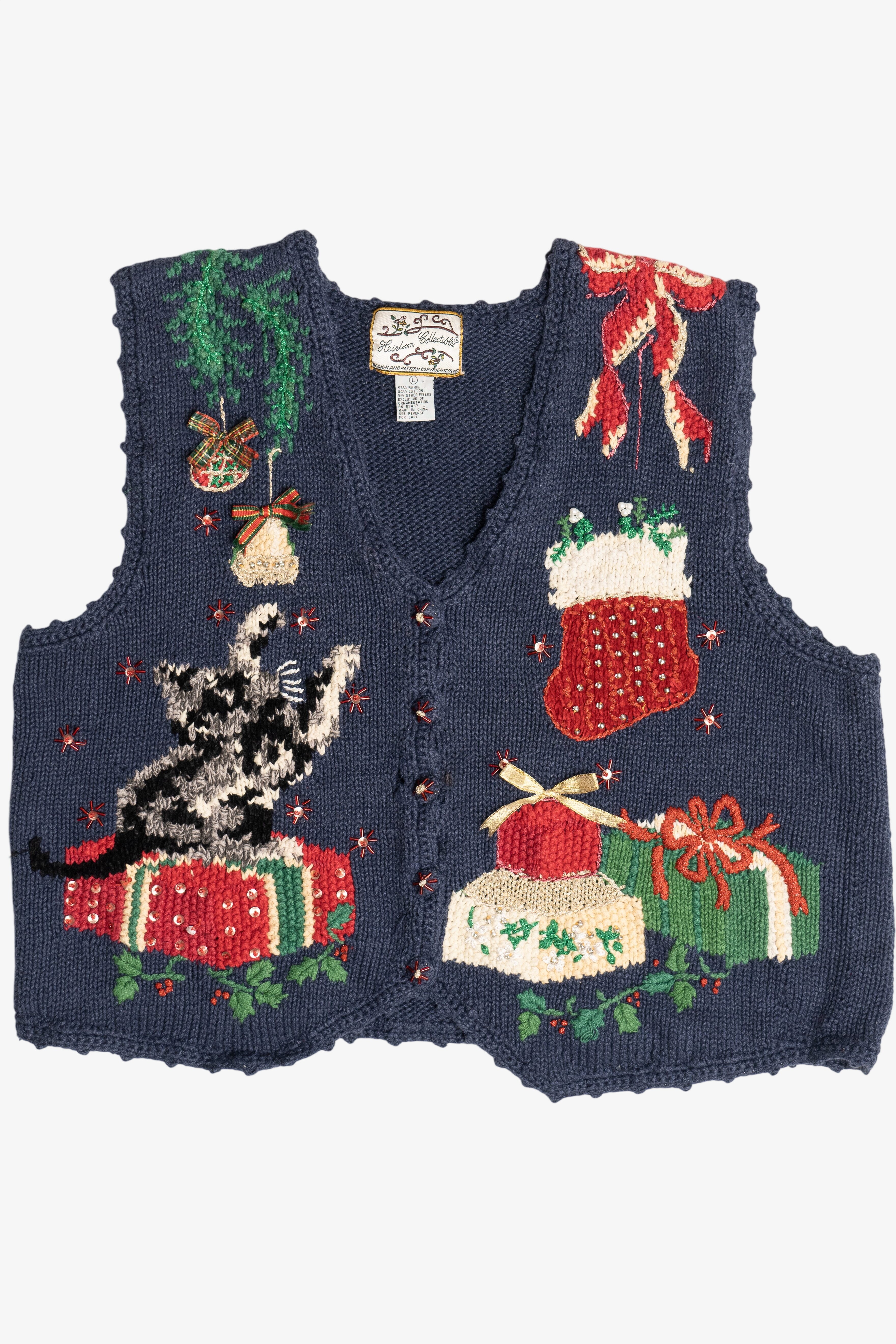 Vintage Cat Playing With Ornament Ugly Christmas Vest (1990s)