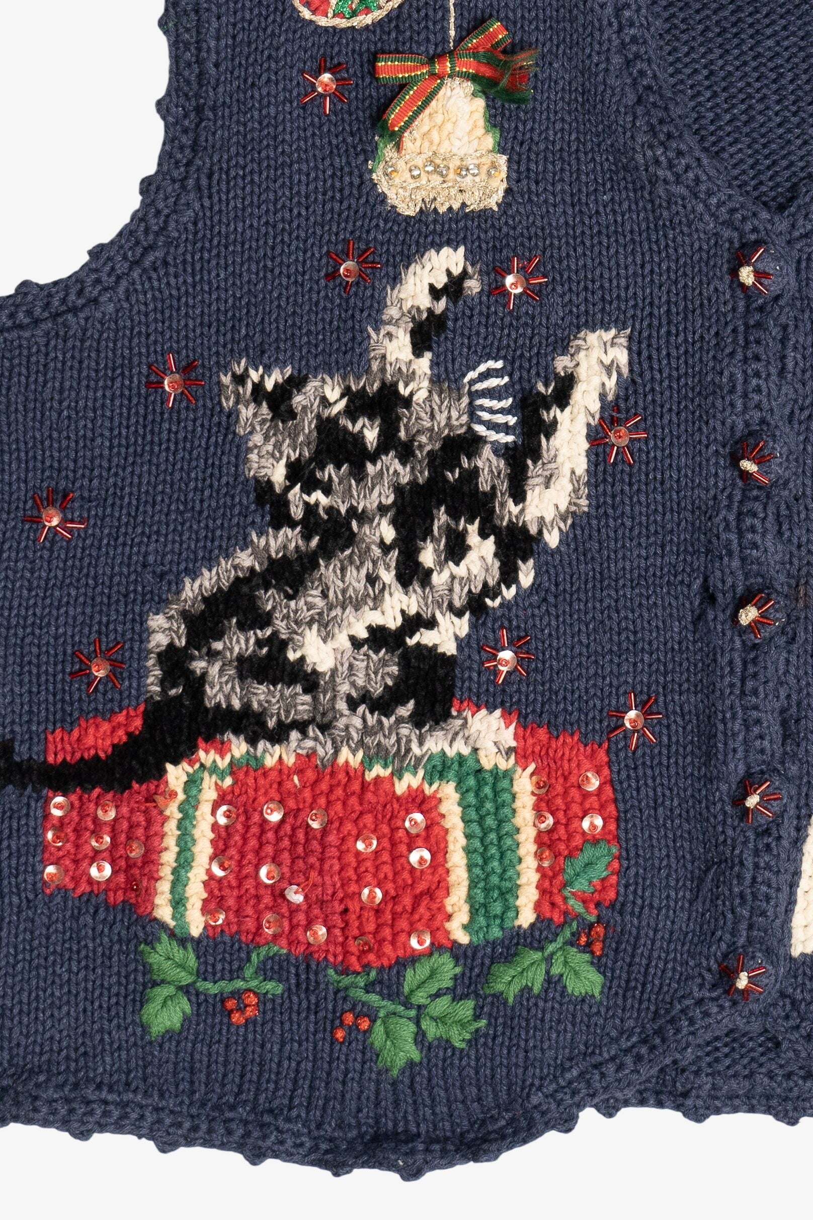 Vintage Cat Playing With Ornament Ugly Christmas Vest (1990s)
