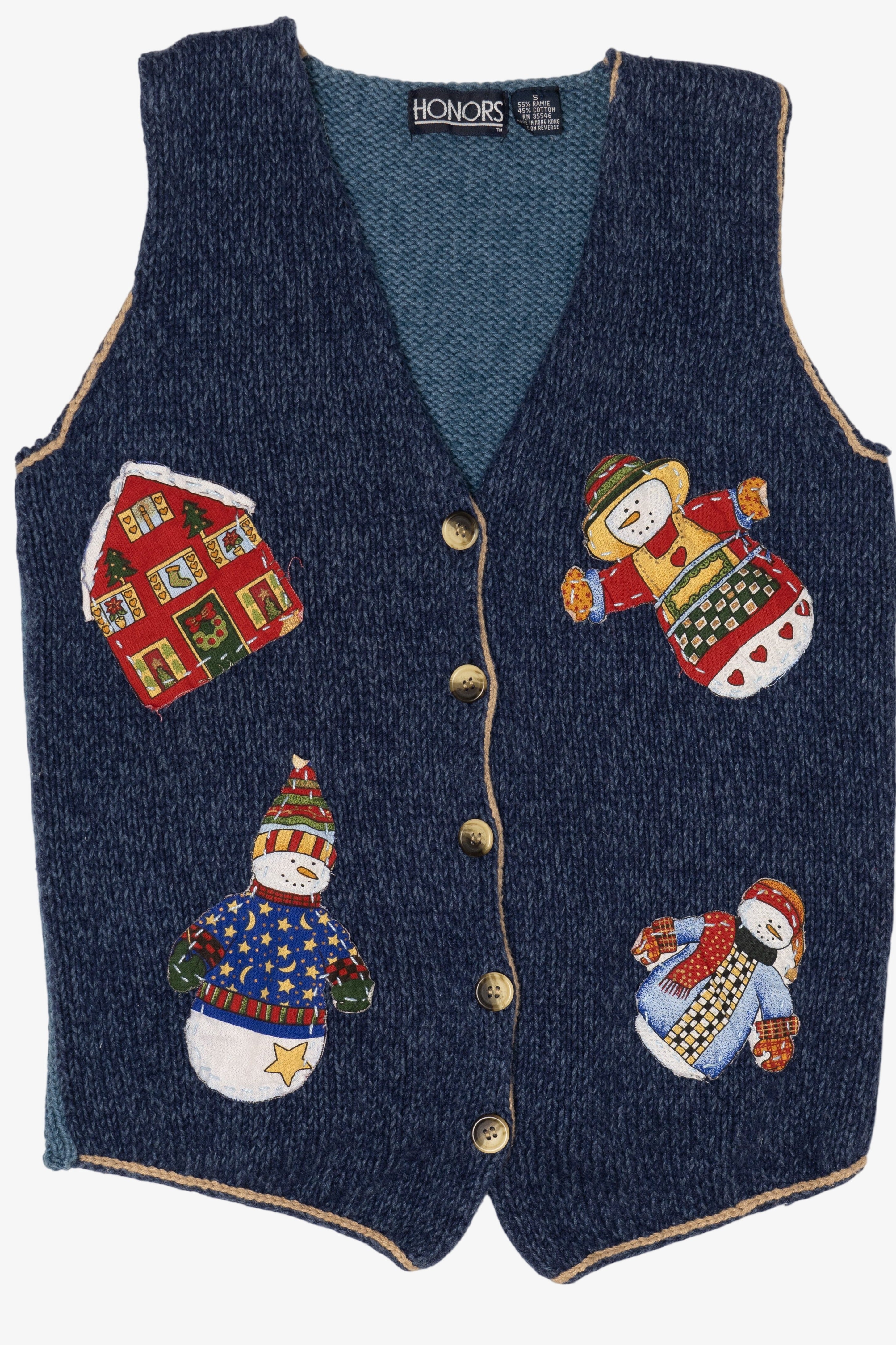 Vintage Navy Blue Honors Snowmen Ugly Christmas Vest (1990s)