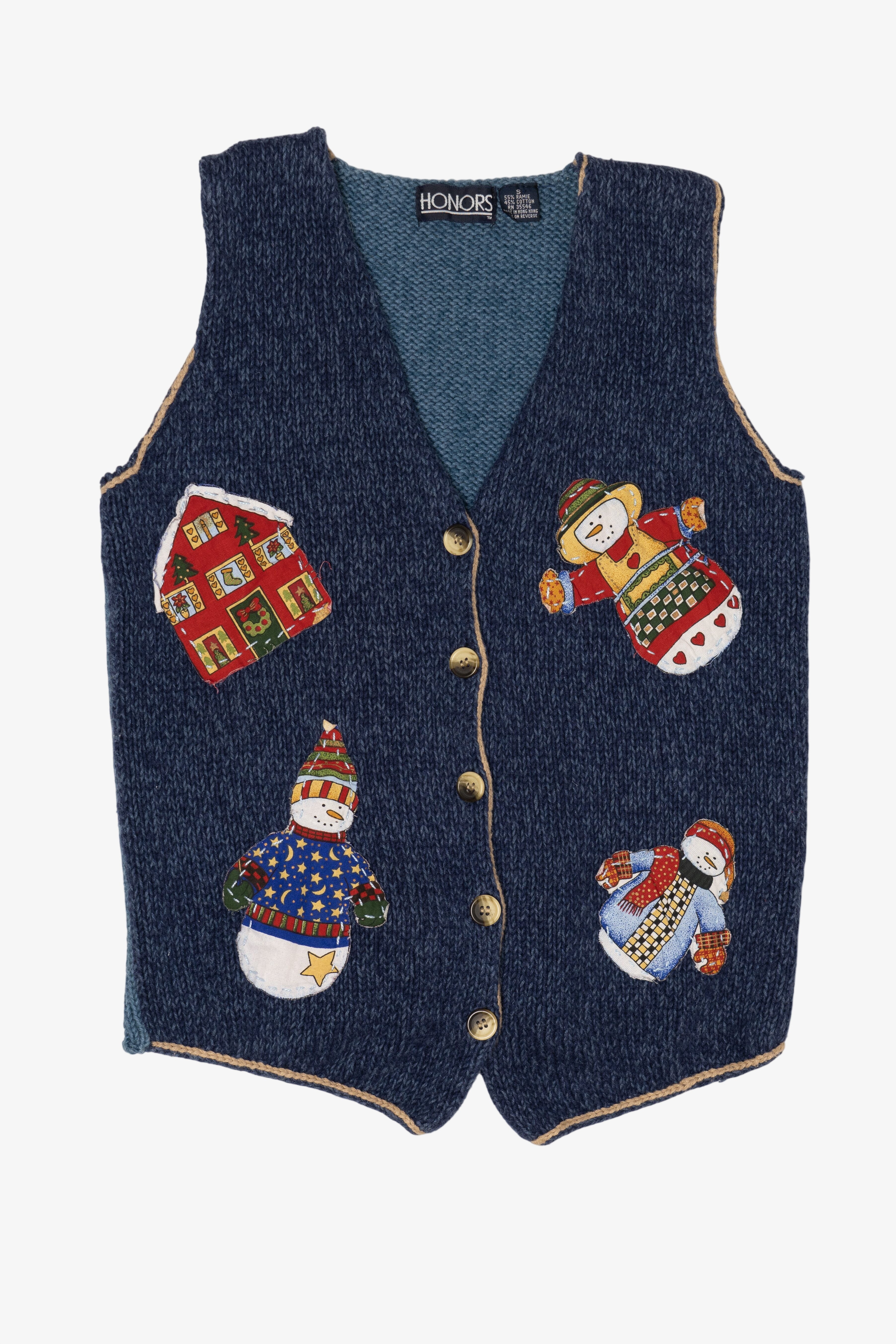 Vintage Navy Blue Honors Snowmen Ugly Christmas Vest (1990s)