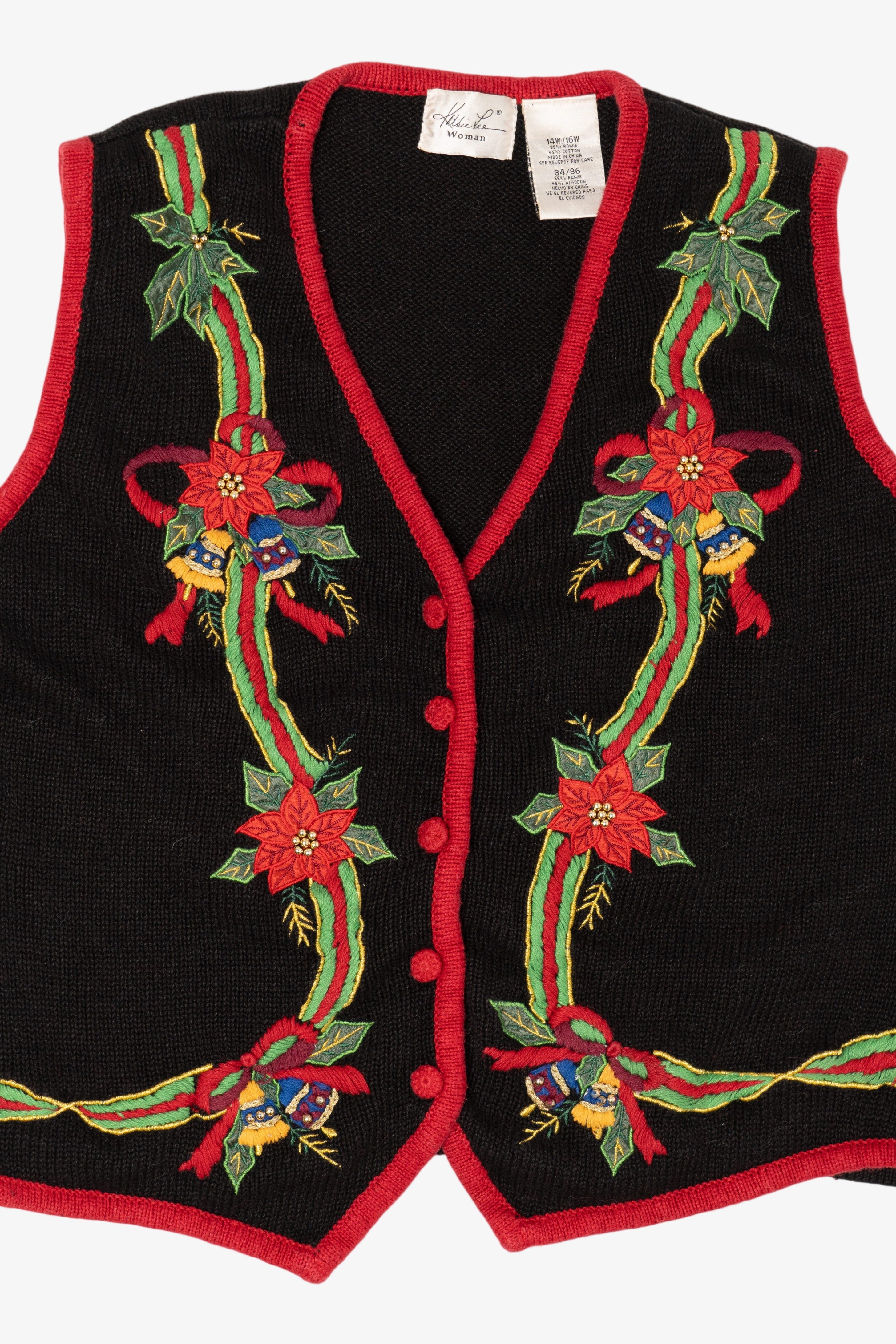 Vintage Black Kathie Lee Poinsettias And Bells Ugly Christmas Vest (1990s)