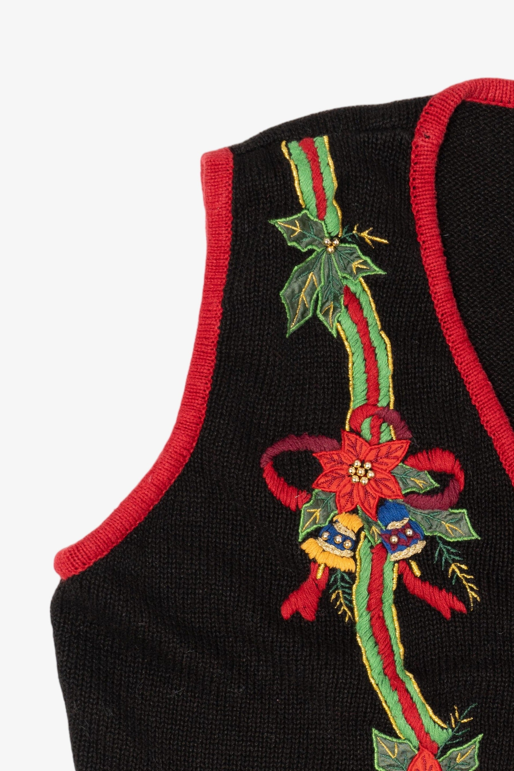 Vintage Black Kathie Lee Poinsettias And Bells Ugly Christmas Vest (1990s)
