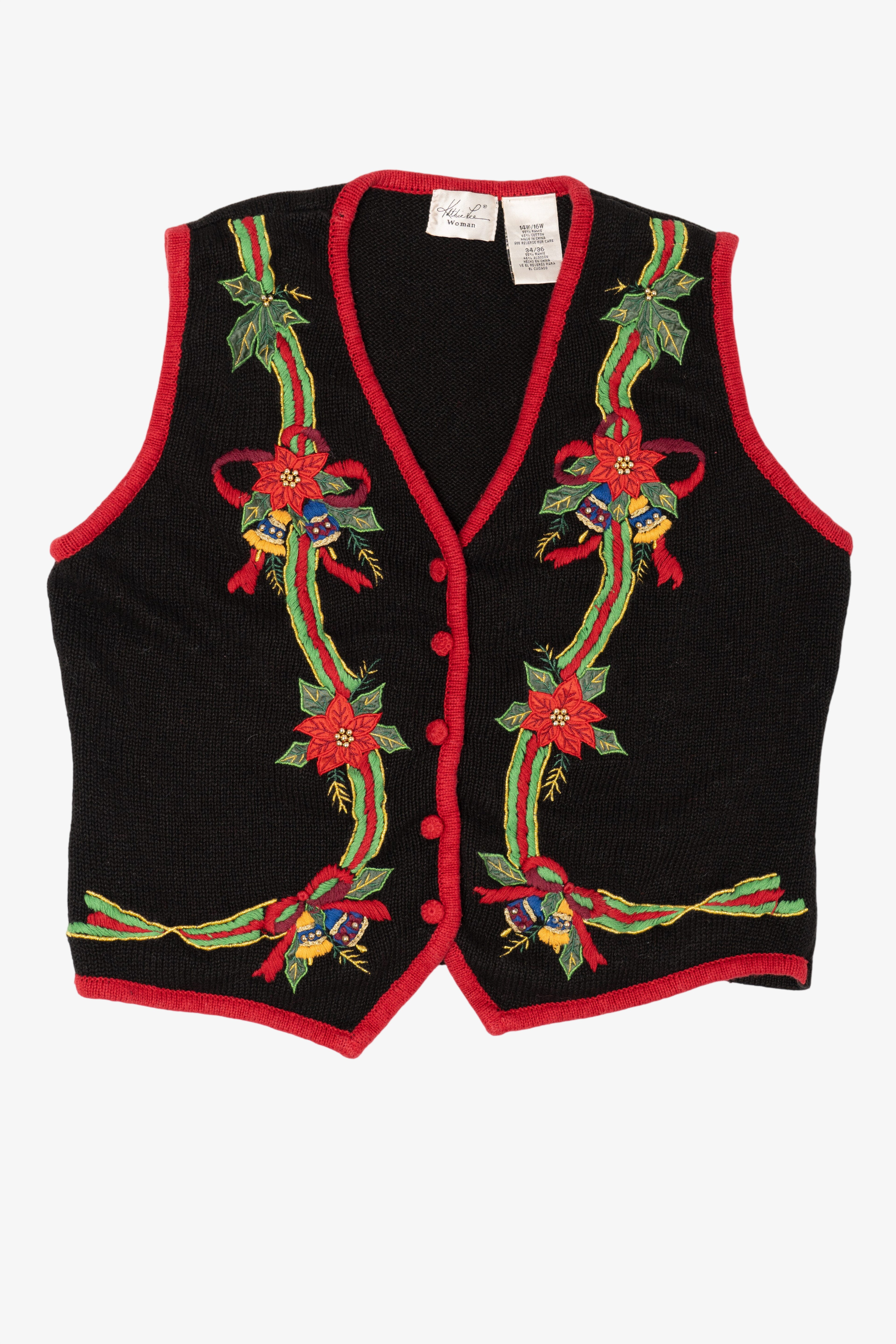 Vintage Black Kathie Lee Poinsettias And Bells Ugly Christmas Vest (1990s)
