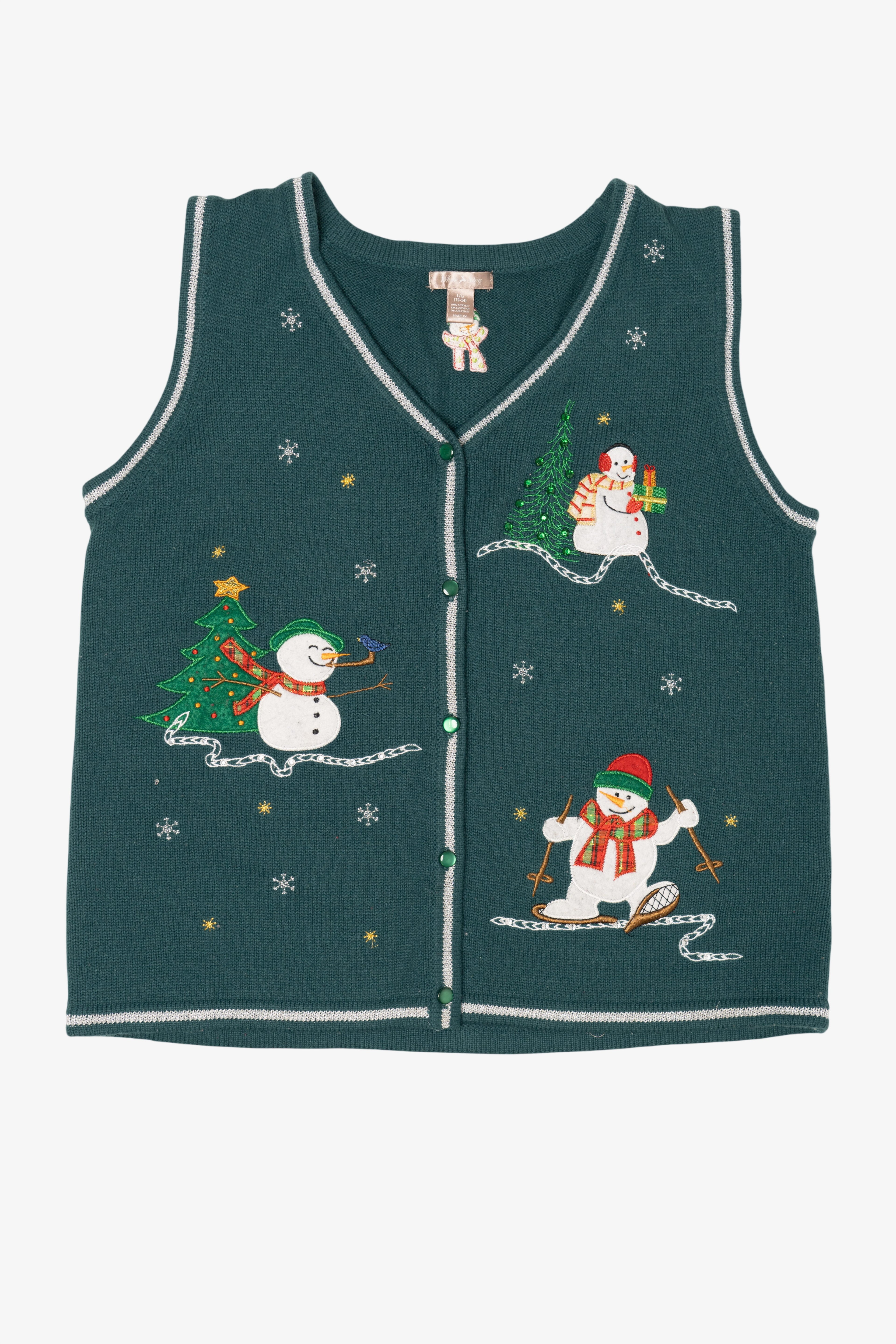 Vintage Dark Green White Stag Snowmen Ugly Christmas Vest (2000s)