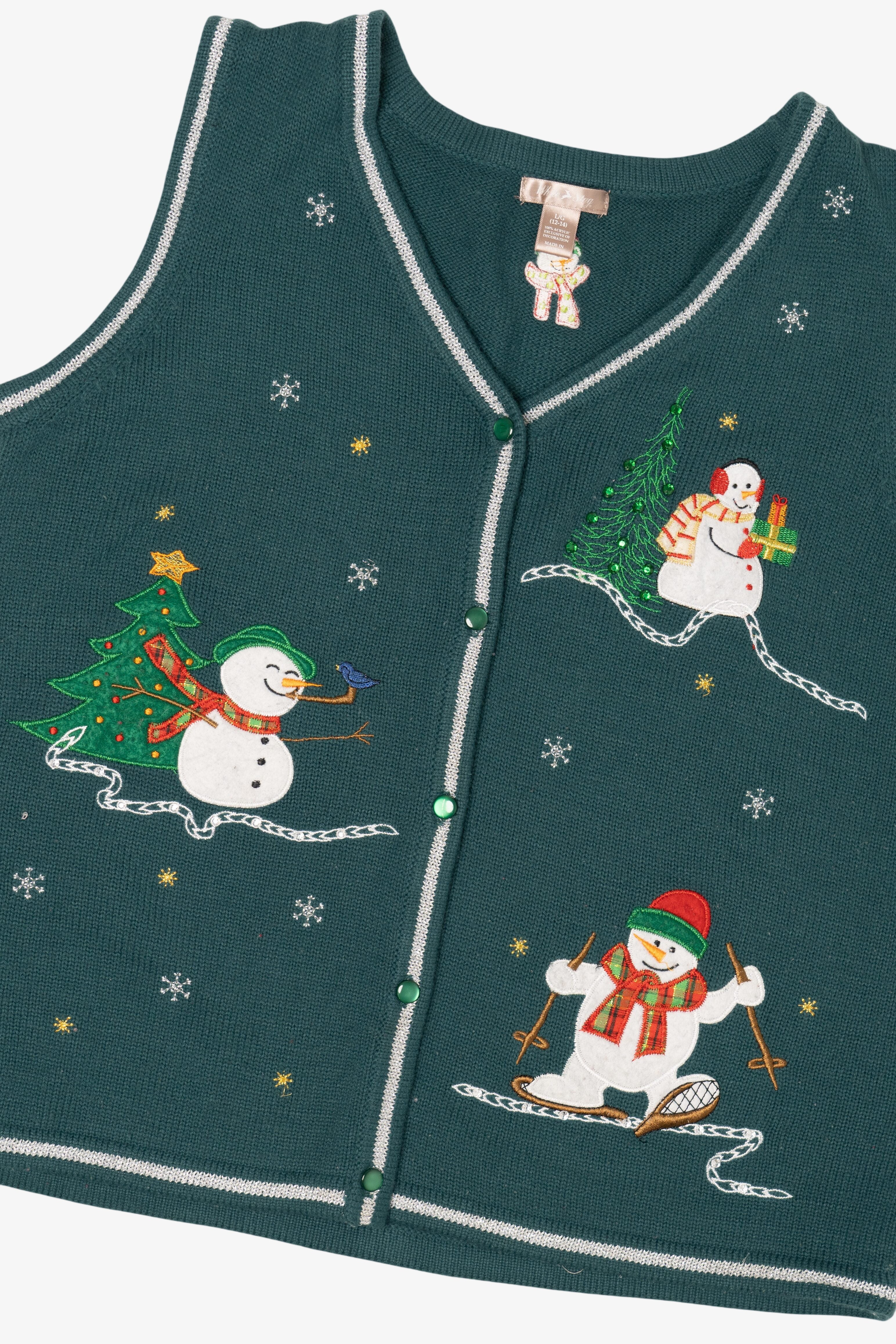 Vintage Dark Green White Stag Snowmen Ugly Christmas Vest (2000s)