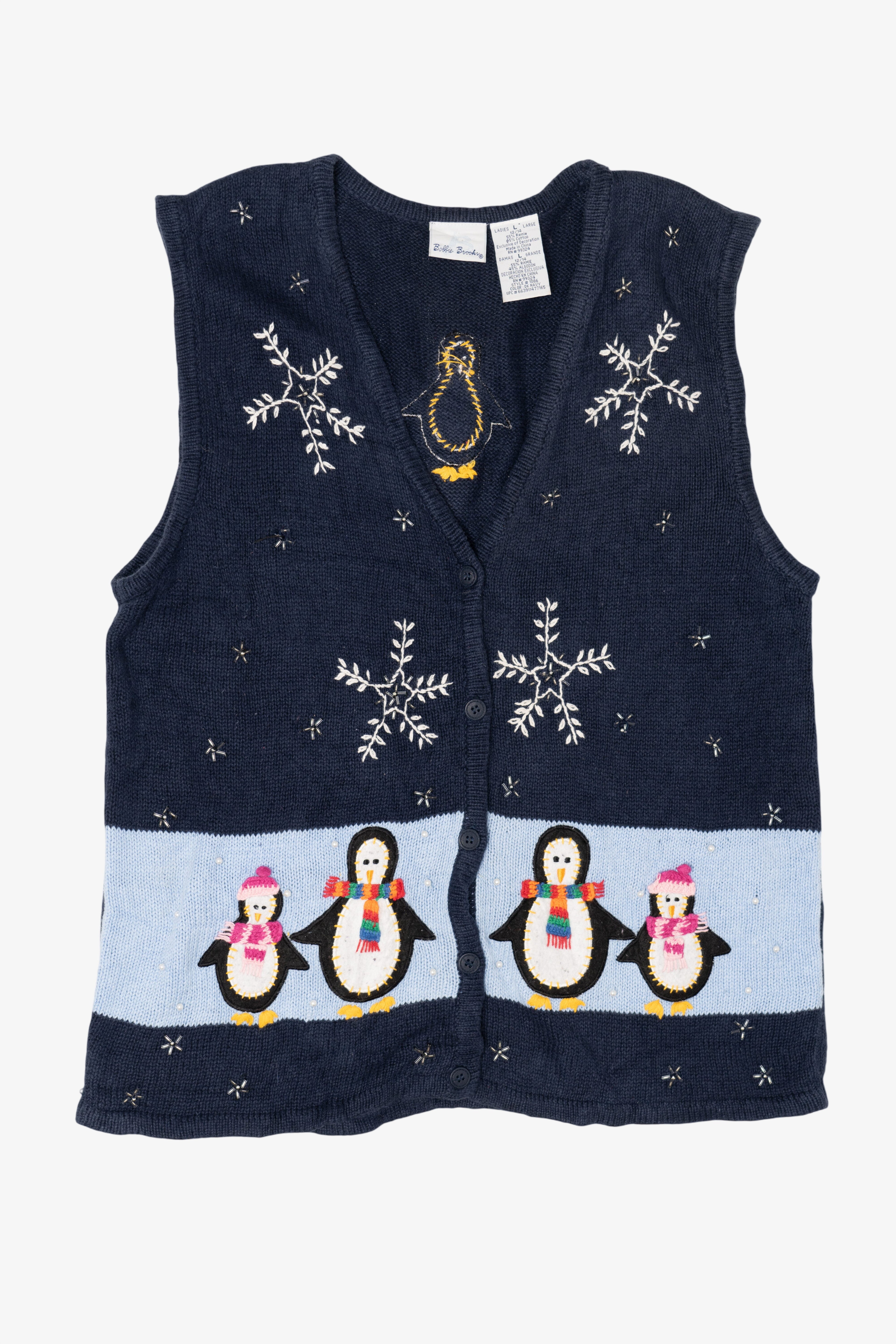 Vintage Navy Blue Bobbie Brooks Penguins Christmas Vest (1990s)