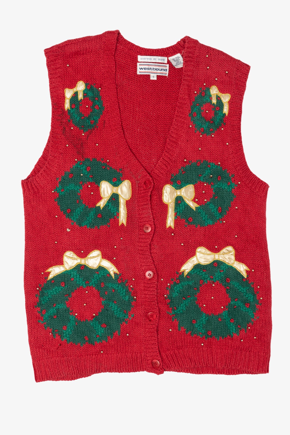 Vintage Hand Knit Red Westbound Wreaths Ugly Christmas Vest (1990s)